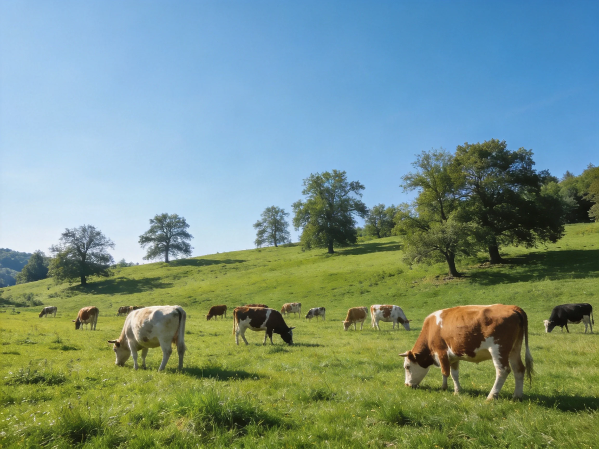 A serene pasture with cows grazing near scattered oaks