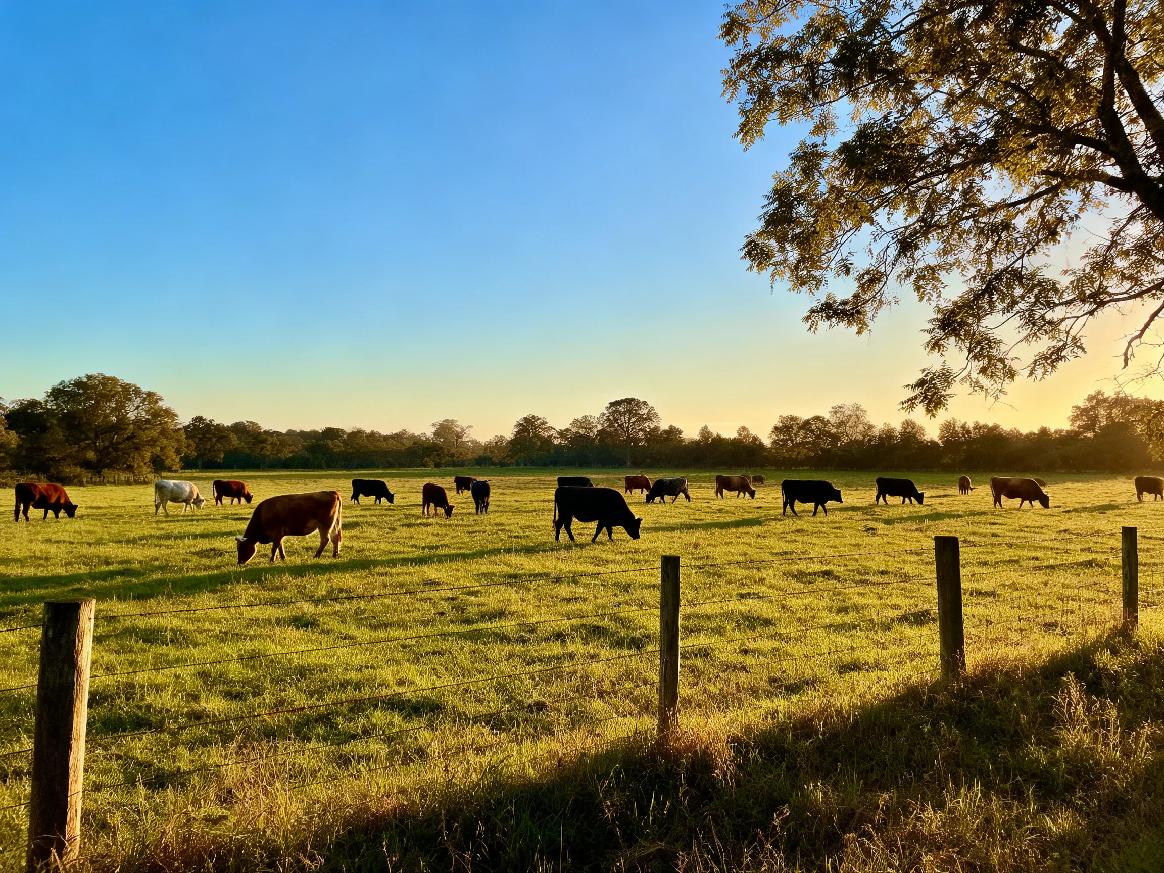 A serene pasture with diverse cattle grazing under golden sunlight