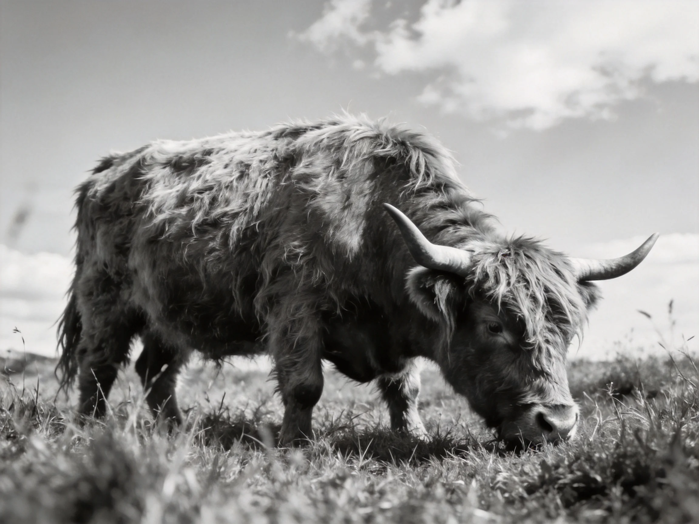 A shaggy Highland cow grazing in a grassy field