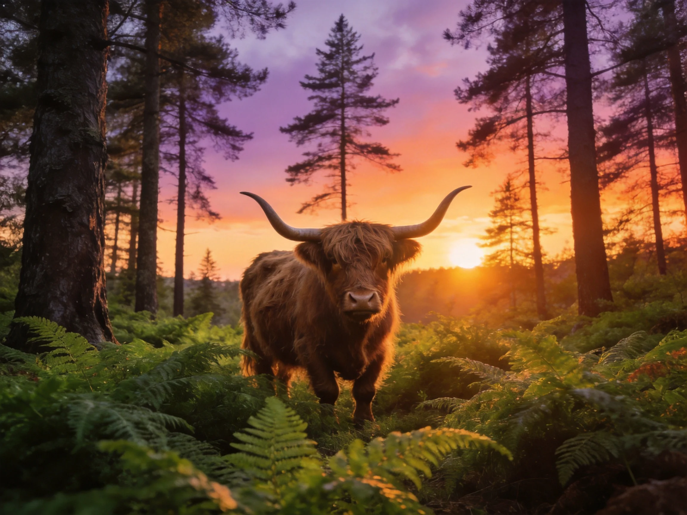 A shaggy Highland cow in ferns under a vibrant sunset forest