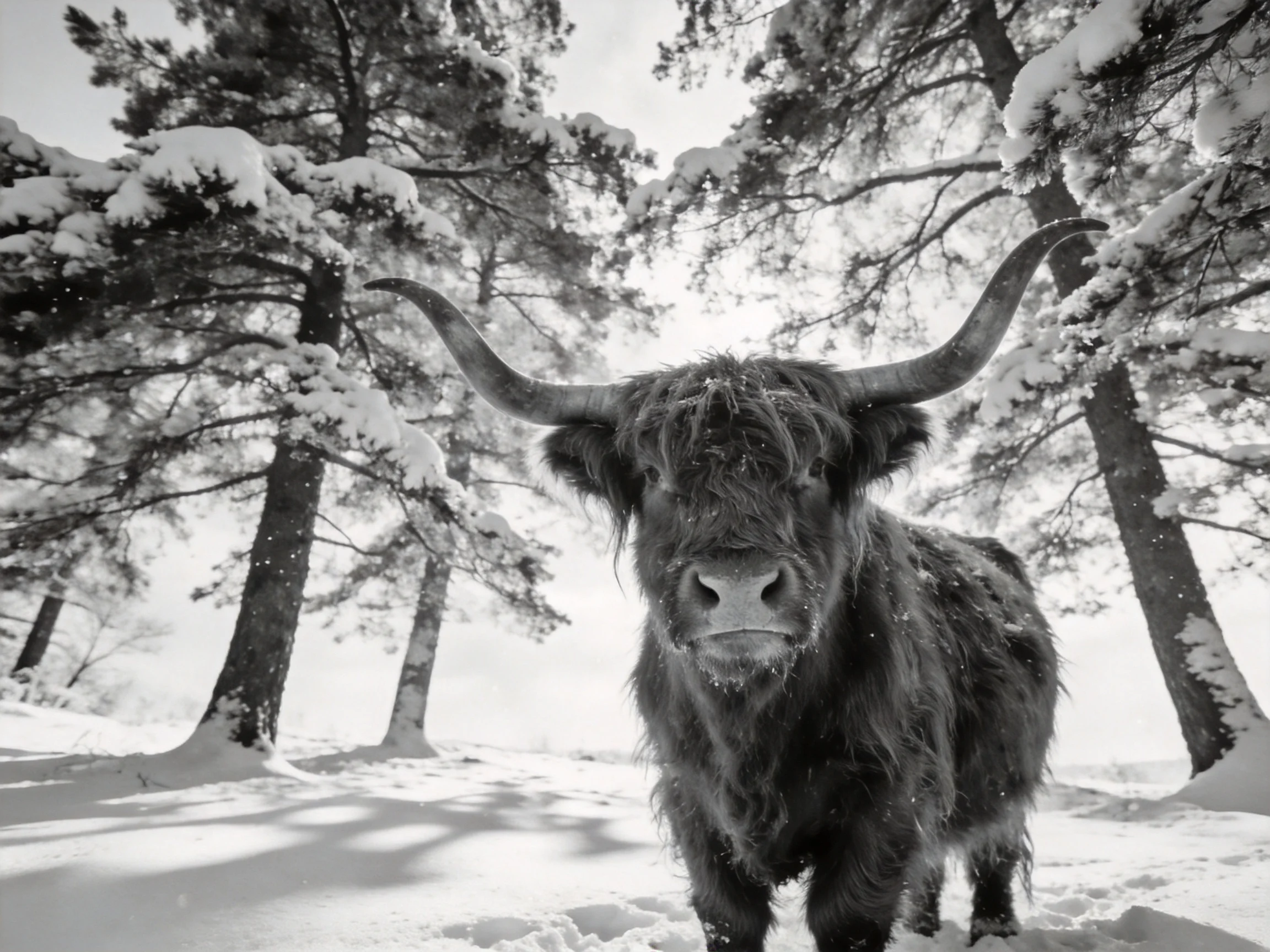 A shaggy Highland cow stands among snow-draped pine trees