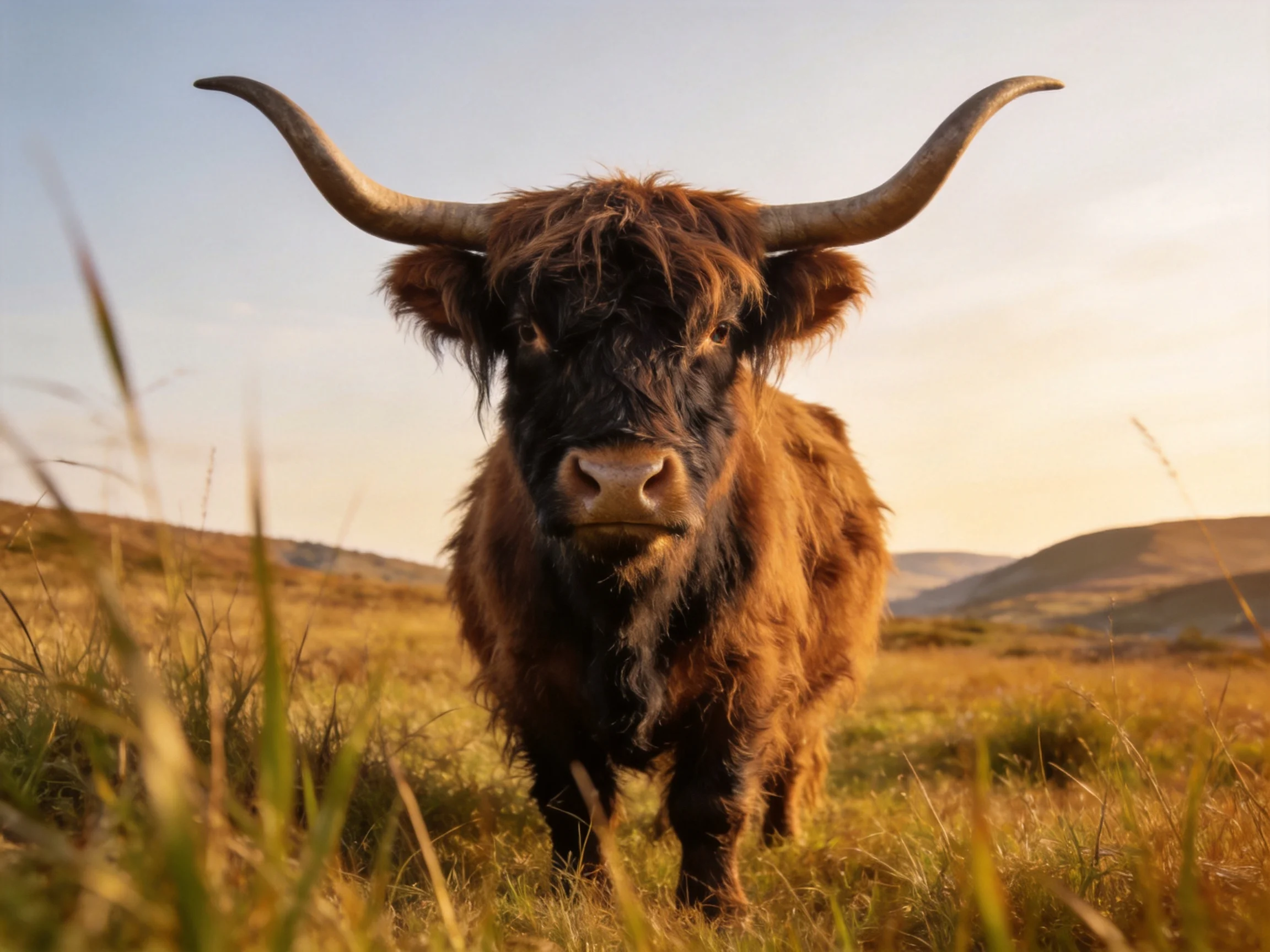 A shaggy Highland cow with large curved horns in golden grassland