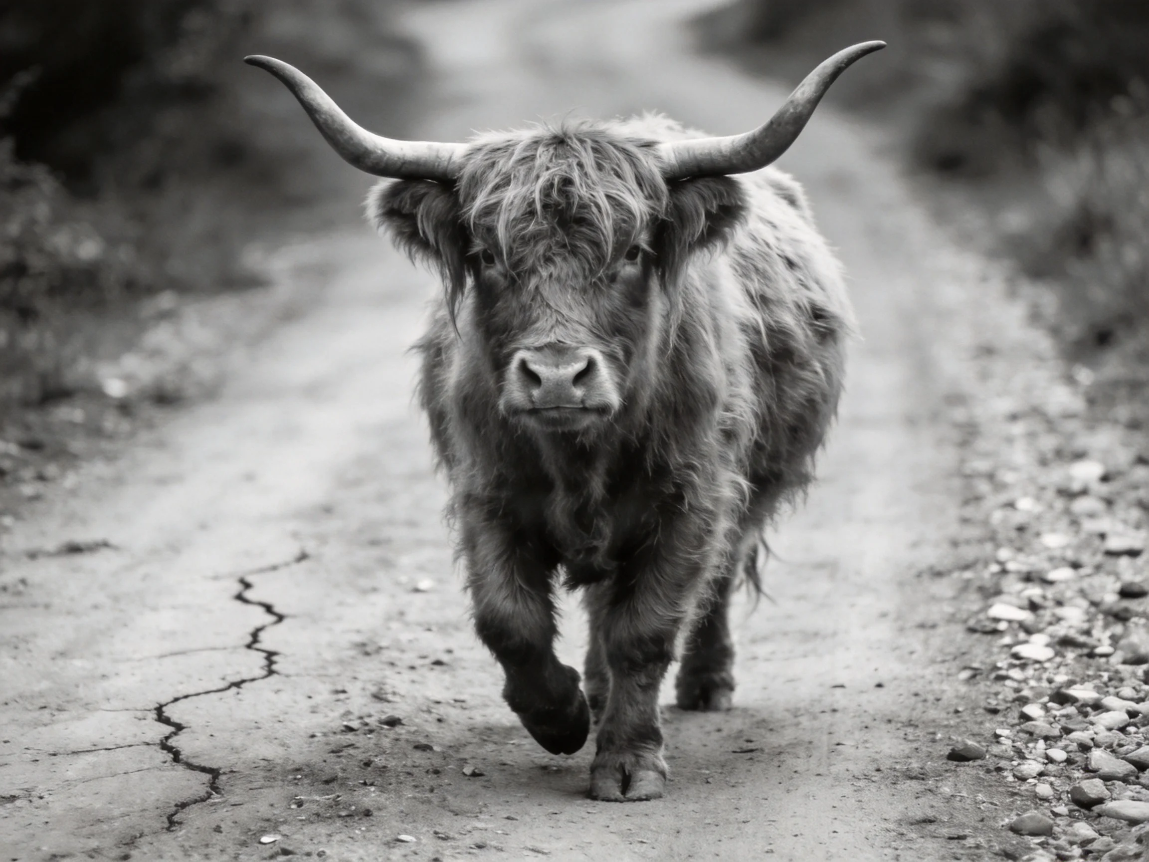 A shaggy Highland cow with large curved horns walks down a cracked dirt path