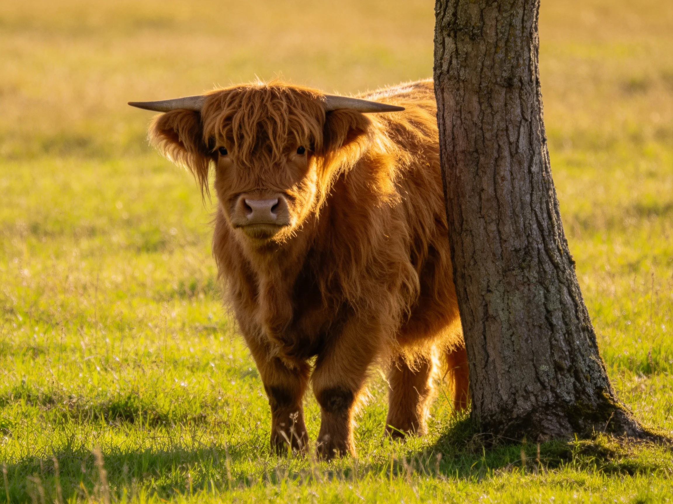 A shaggy brown Highland calf near a tree in a sunlit meadow
