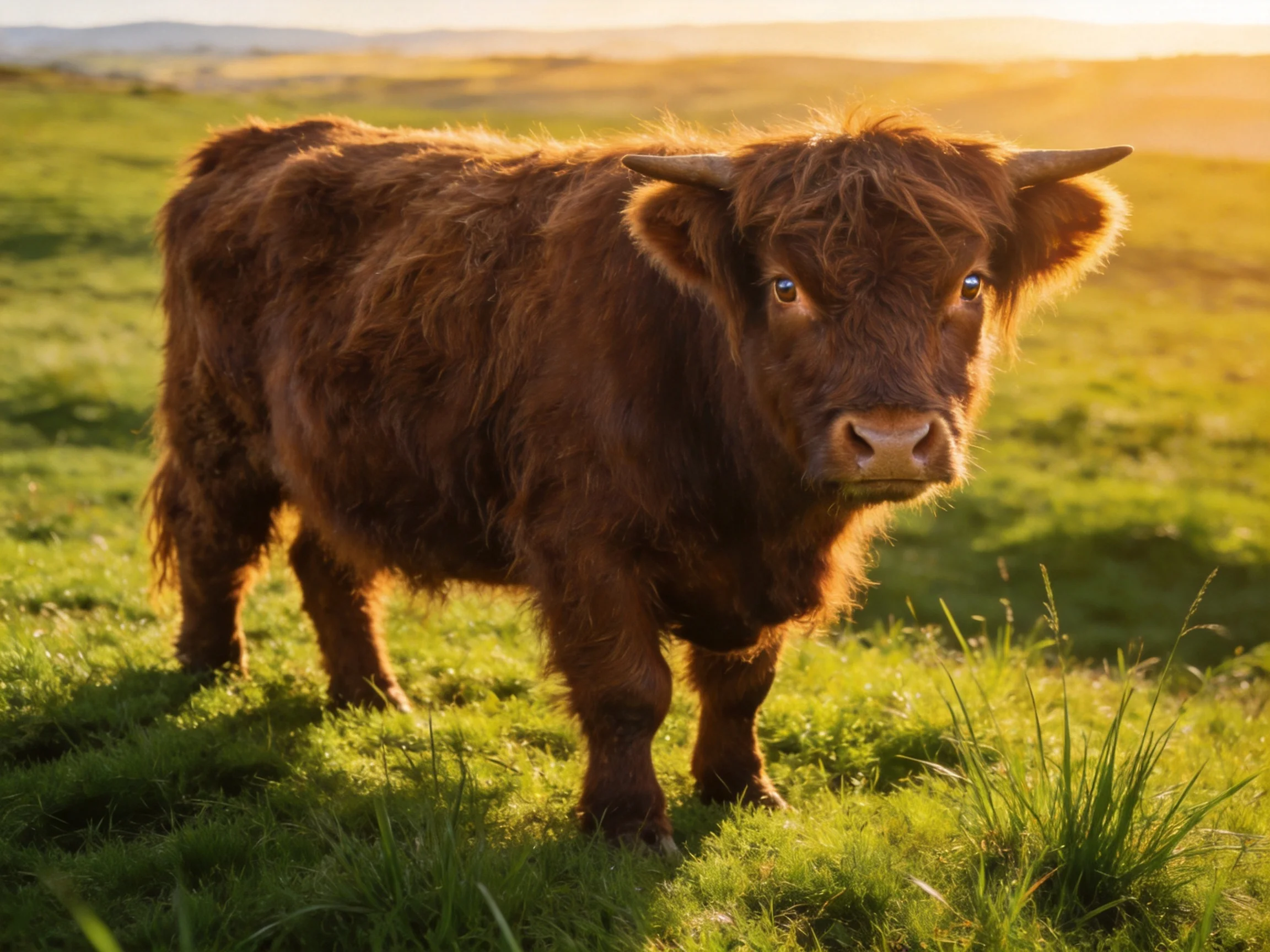 A shaggy brown Highland calf stands in a sunlit meadow