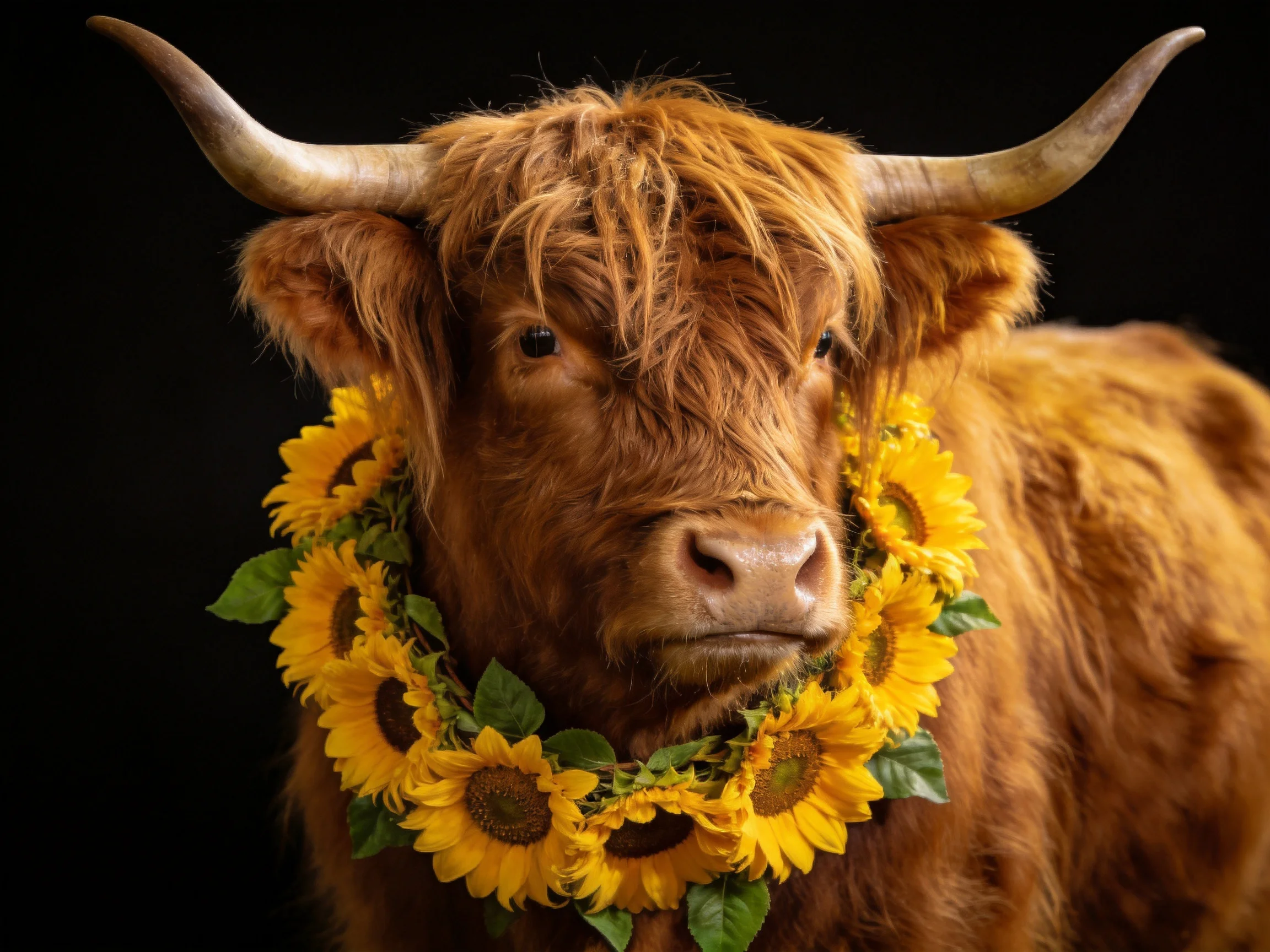 A shaggy brown Highland cow adorned with a vibrant sunflower wreath