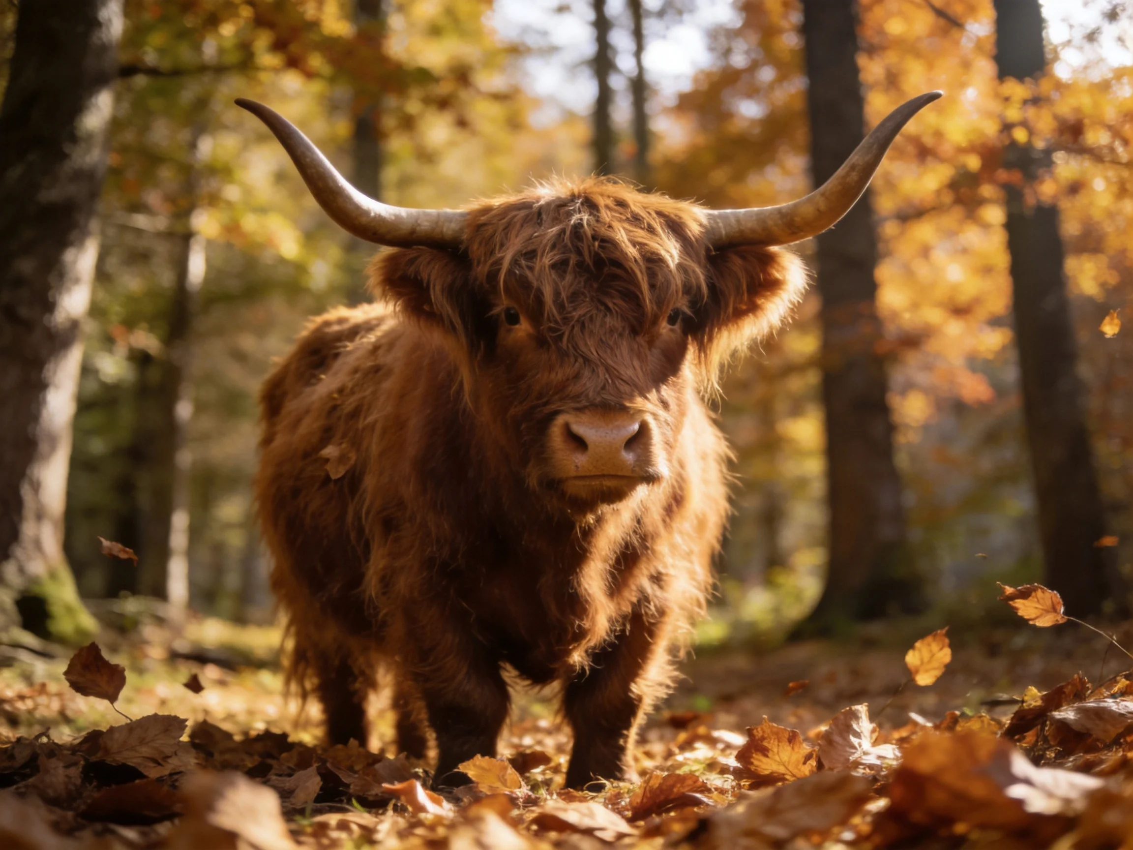 A shaggy brown Highland cow amid golden autumn foliage