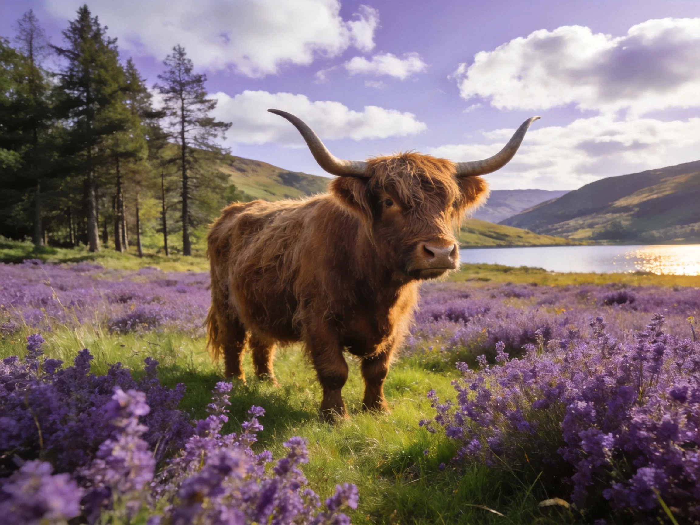 A shaggy brown Highland cow amid vibrant purple wildflowers near a serene lake