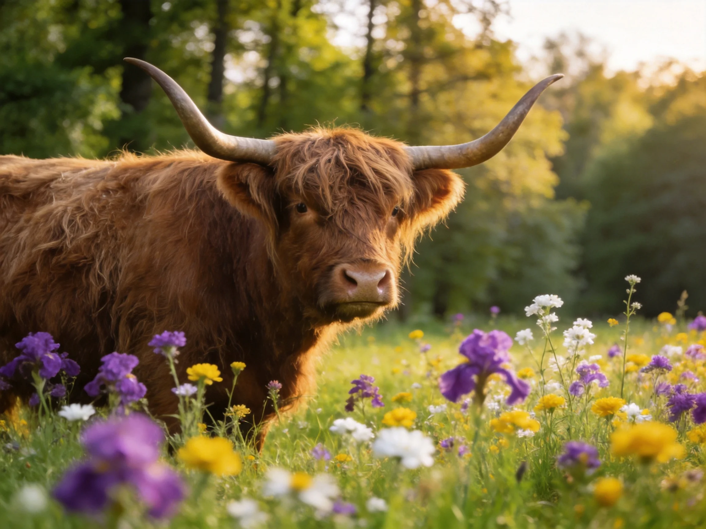 A shaggy brown Highland cow amid vibrant wildflowers