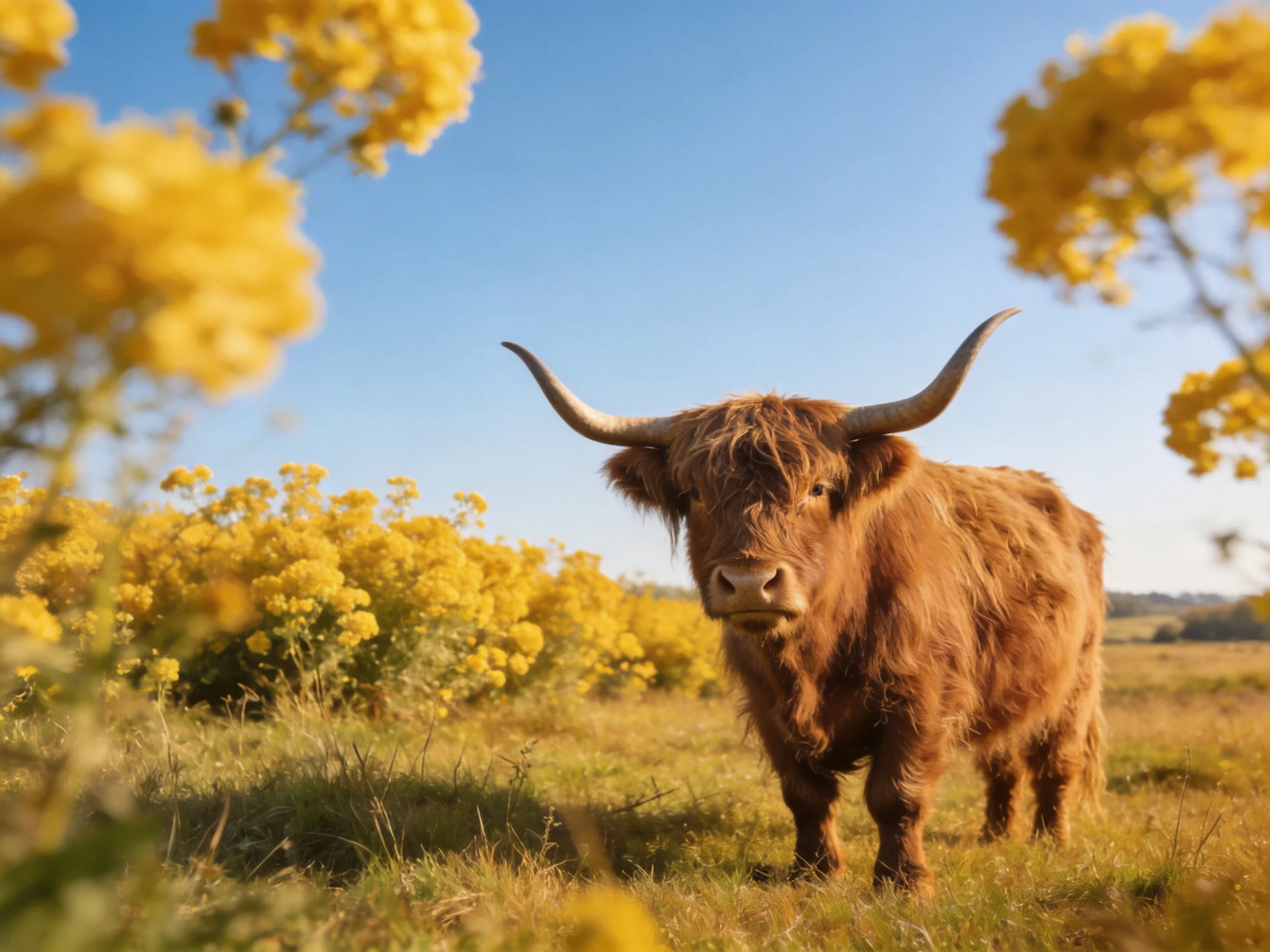 A shaggy brown Highland cow amid vibrant yellow blooms under a clear blue sky