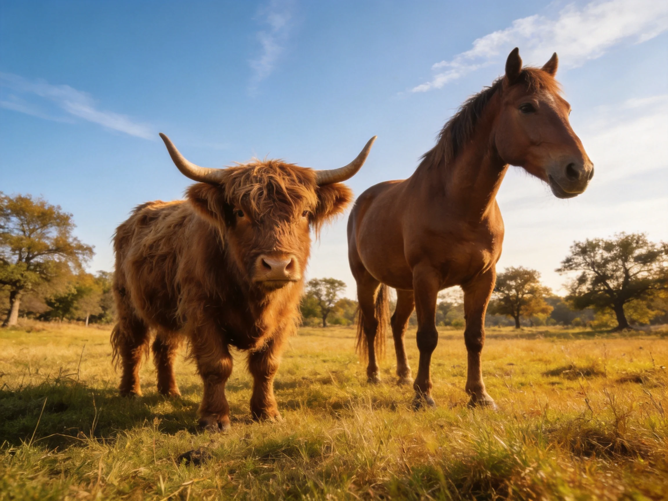 A shaggy brown Highland cow and chestnut horse stand in a sunlit meadow