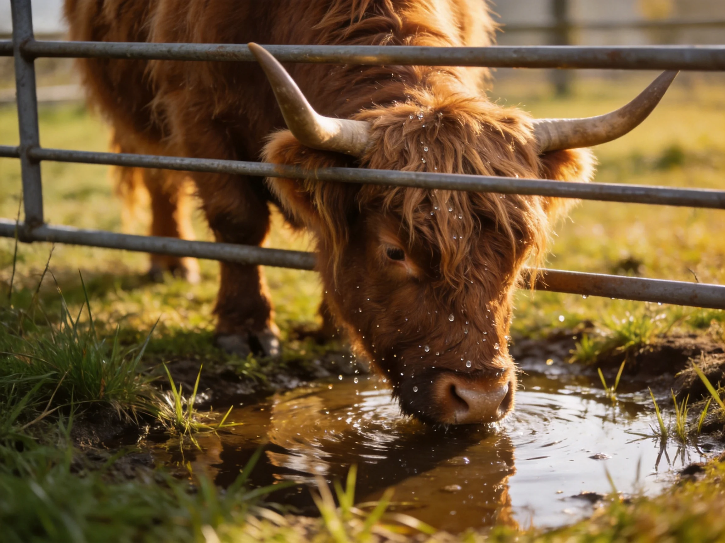 A shaggy brown Highland cow drinks from a muddy puddle by a metal fence