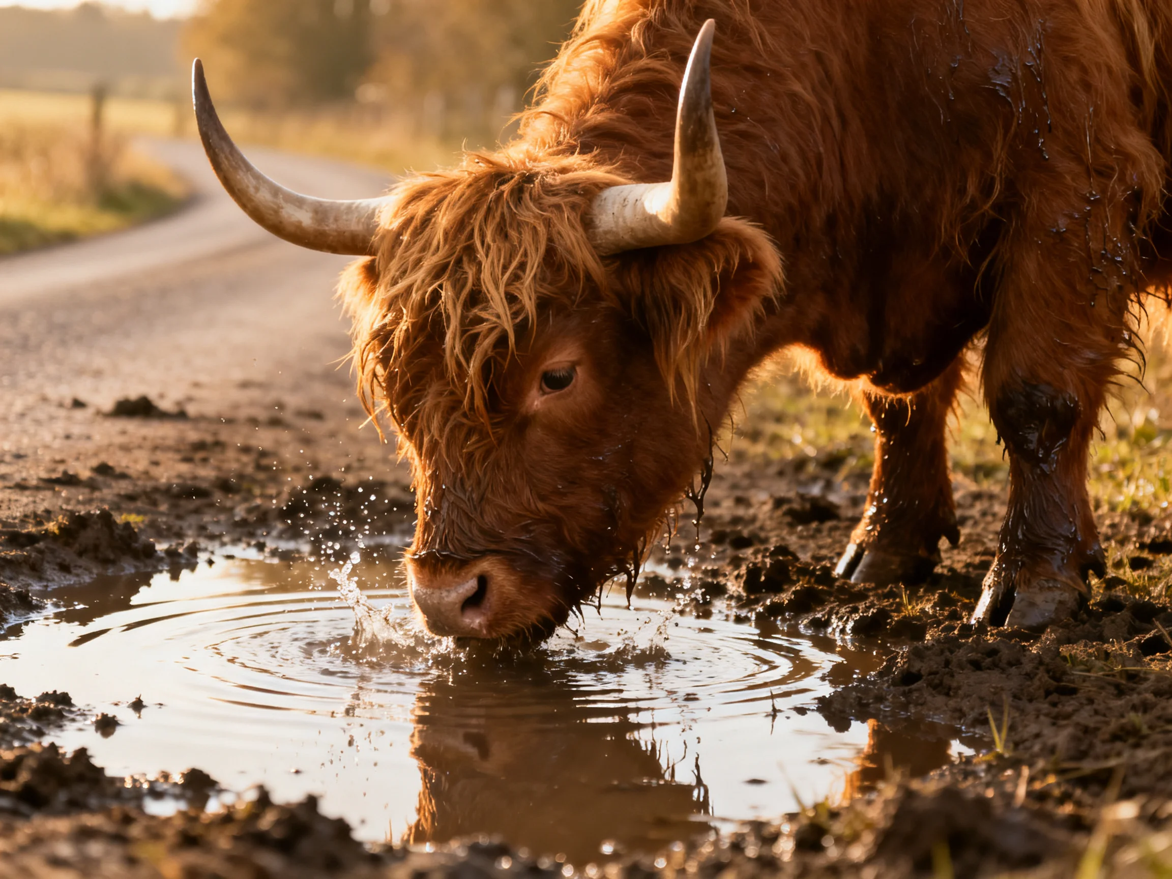 A shaggy brown Highland cow drinks from a muddy roadside puddle