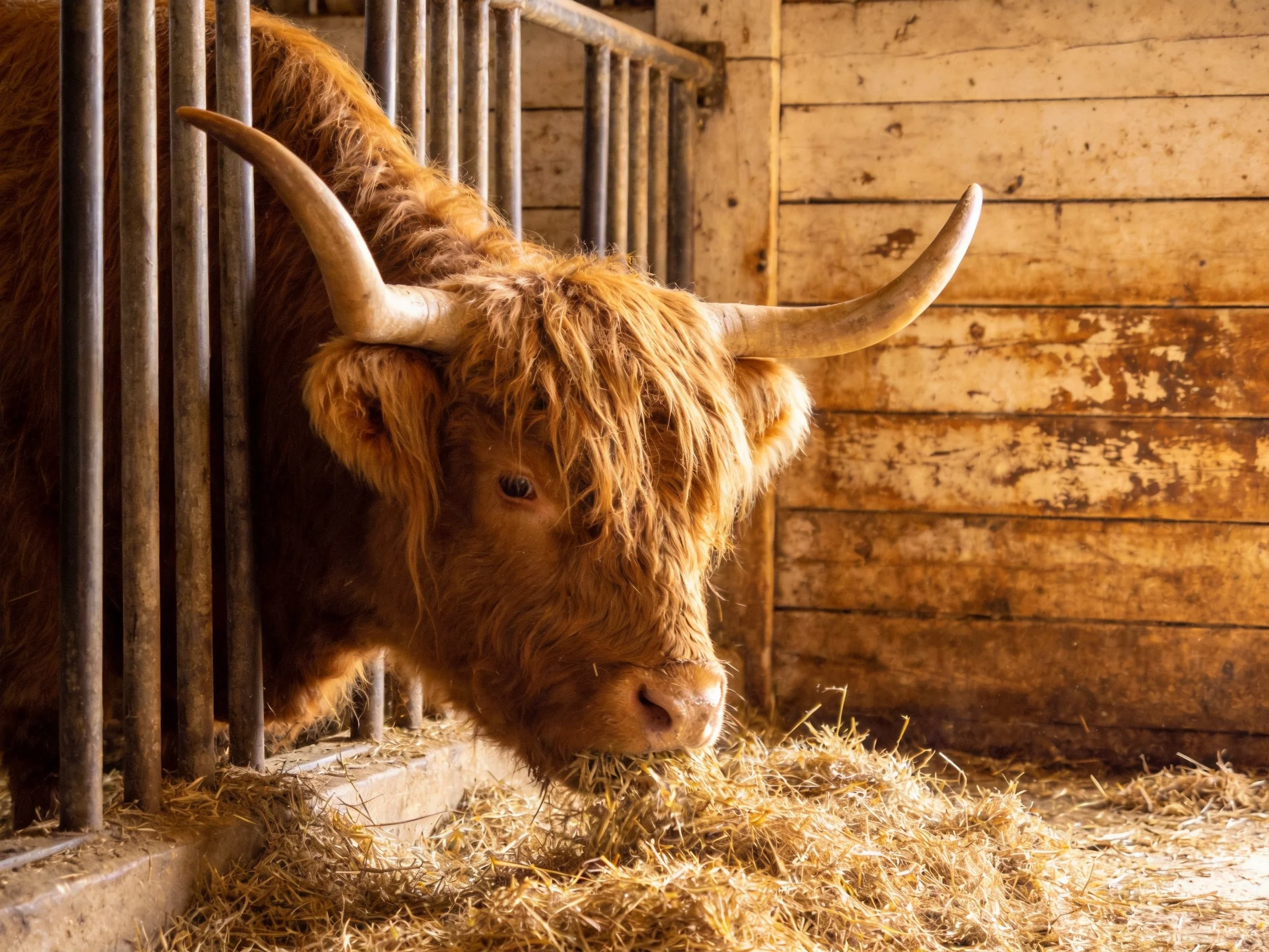 A shaggy brown Highland cow eats hay in an aged wooden barn