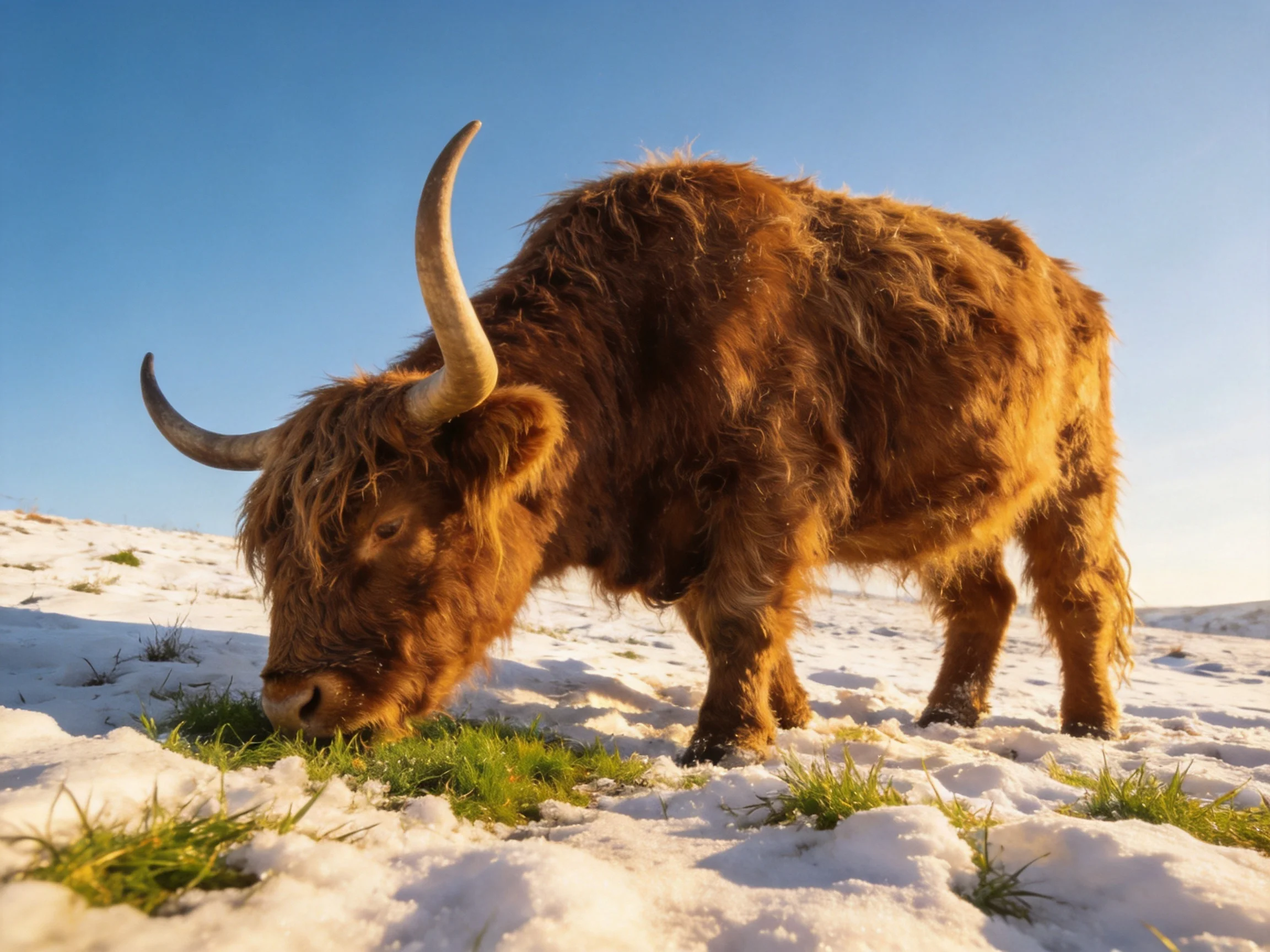 A shaggy brown Highland cow grazes among green grass patches in snowy terrain