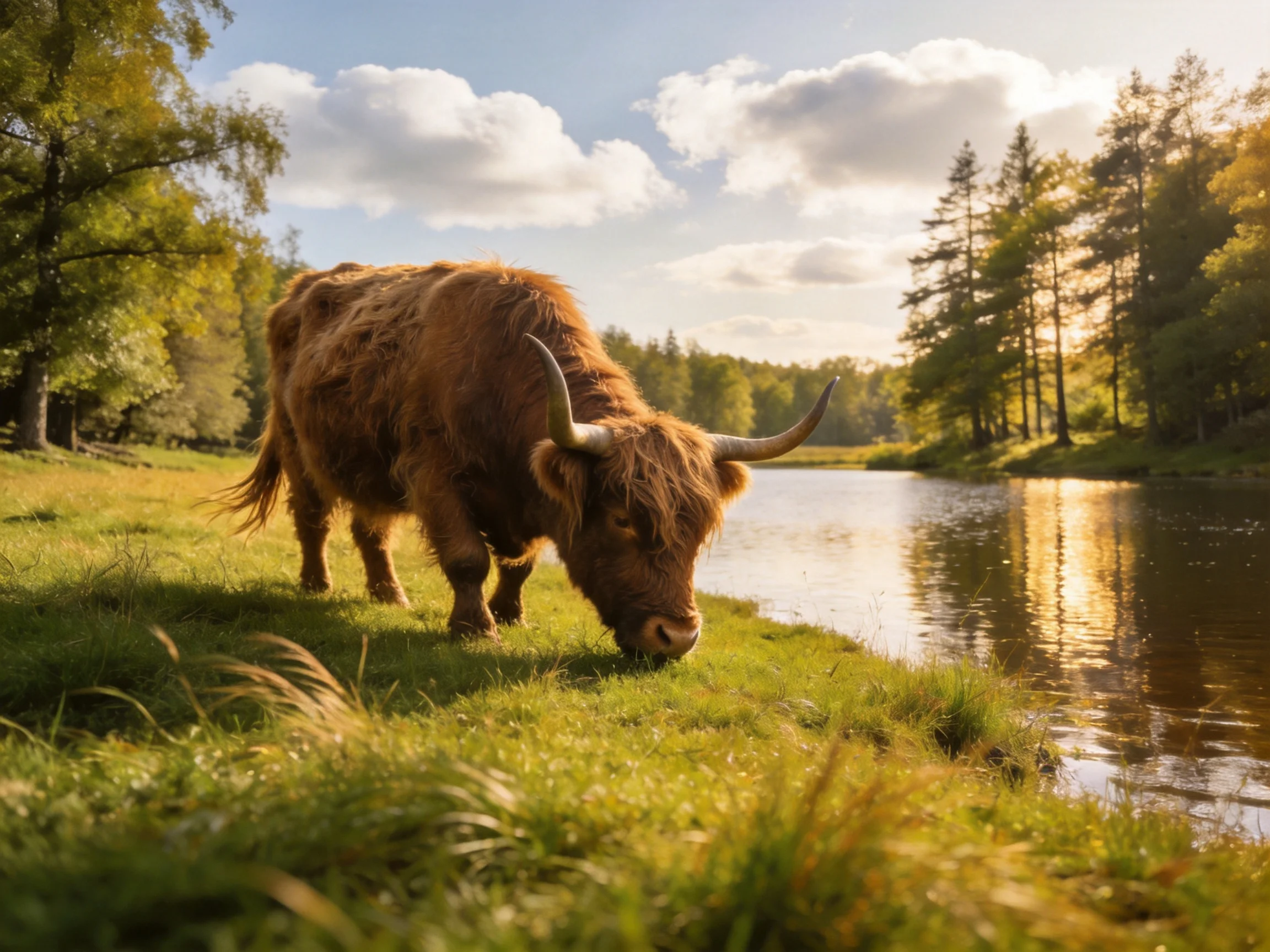 A shaggy brown Highland cow grazes by a calm riverbank under golden sunlight