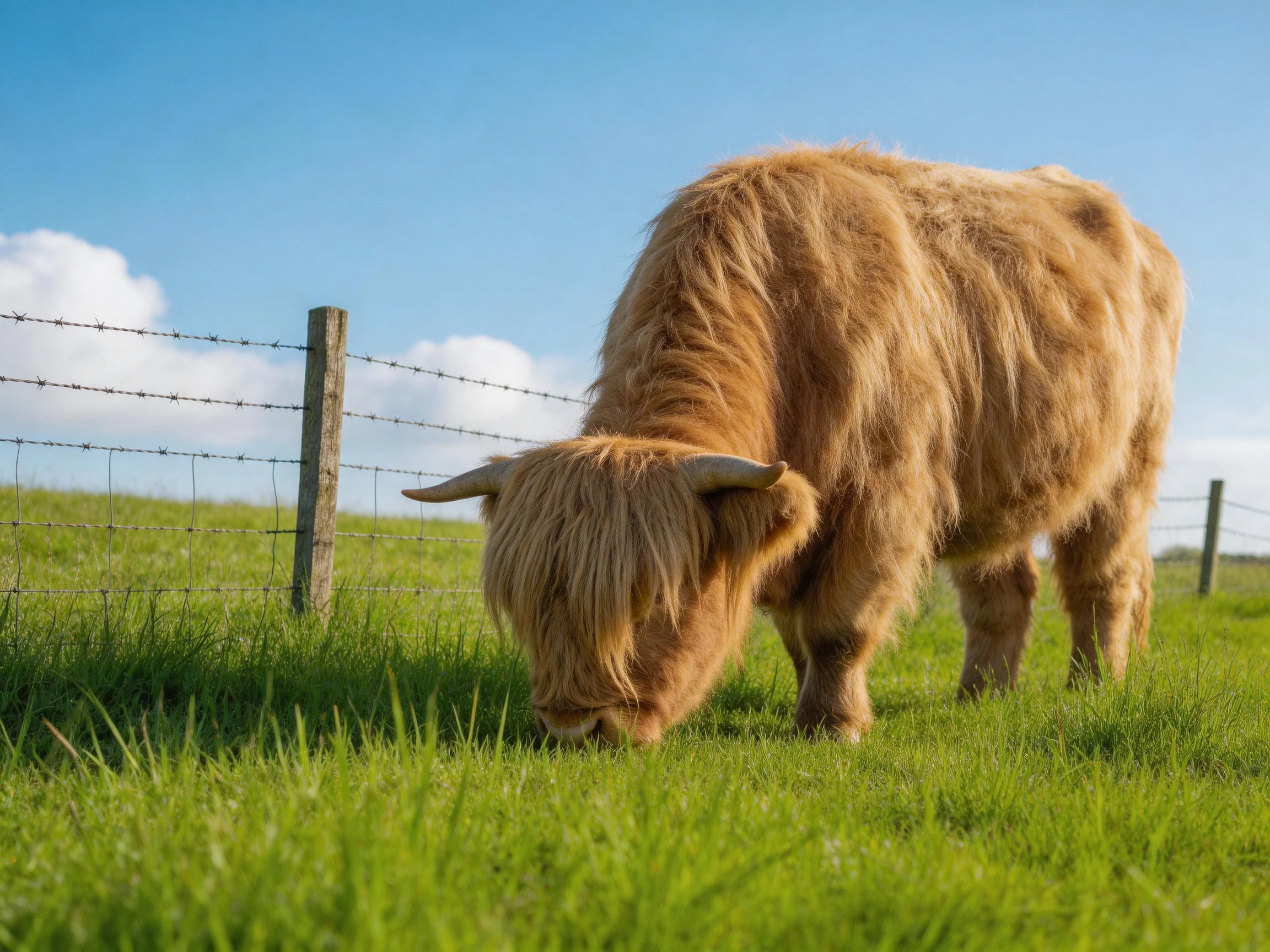 A shaggy brown Highland cow grazes in a lush green pasture near barbed wire fencing