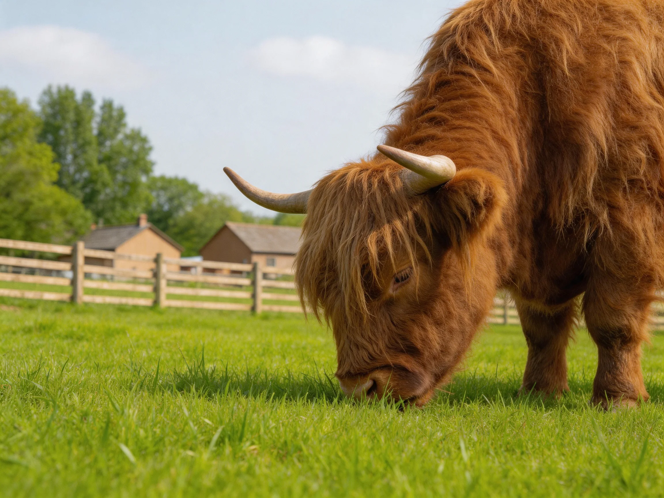 A shaggy brown Highland cow grazes in a lush green pasture near wooden fences