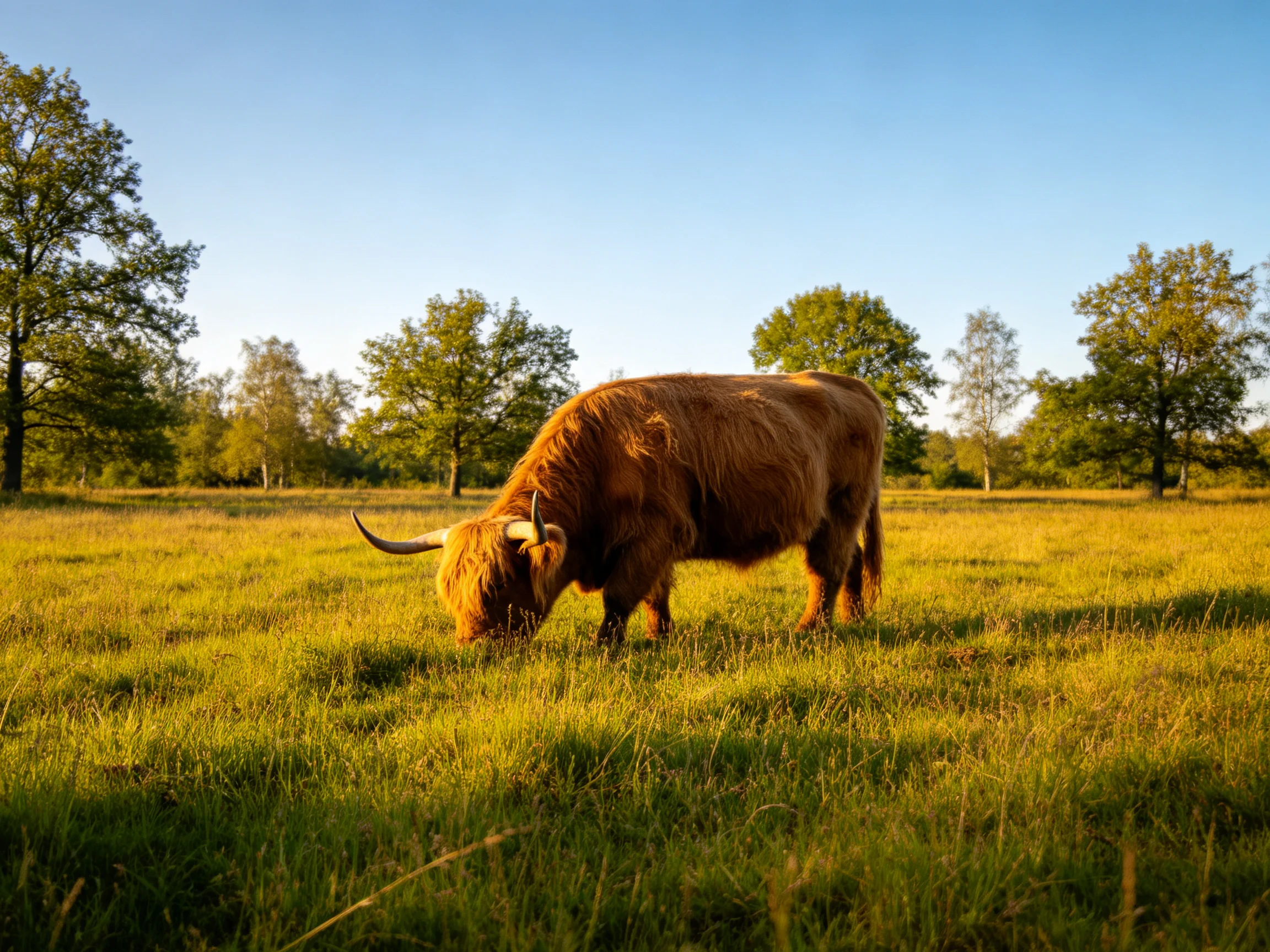 A shaggy brown Highland cow grazes in a sunlit green meadow
