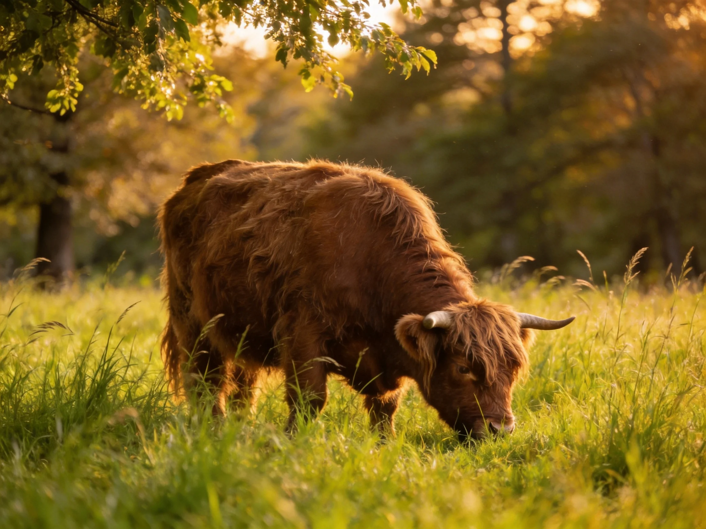 A shaggy brown Highland cow grazes in a sunlit green meadow