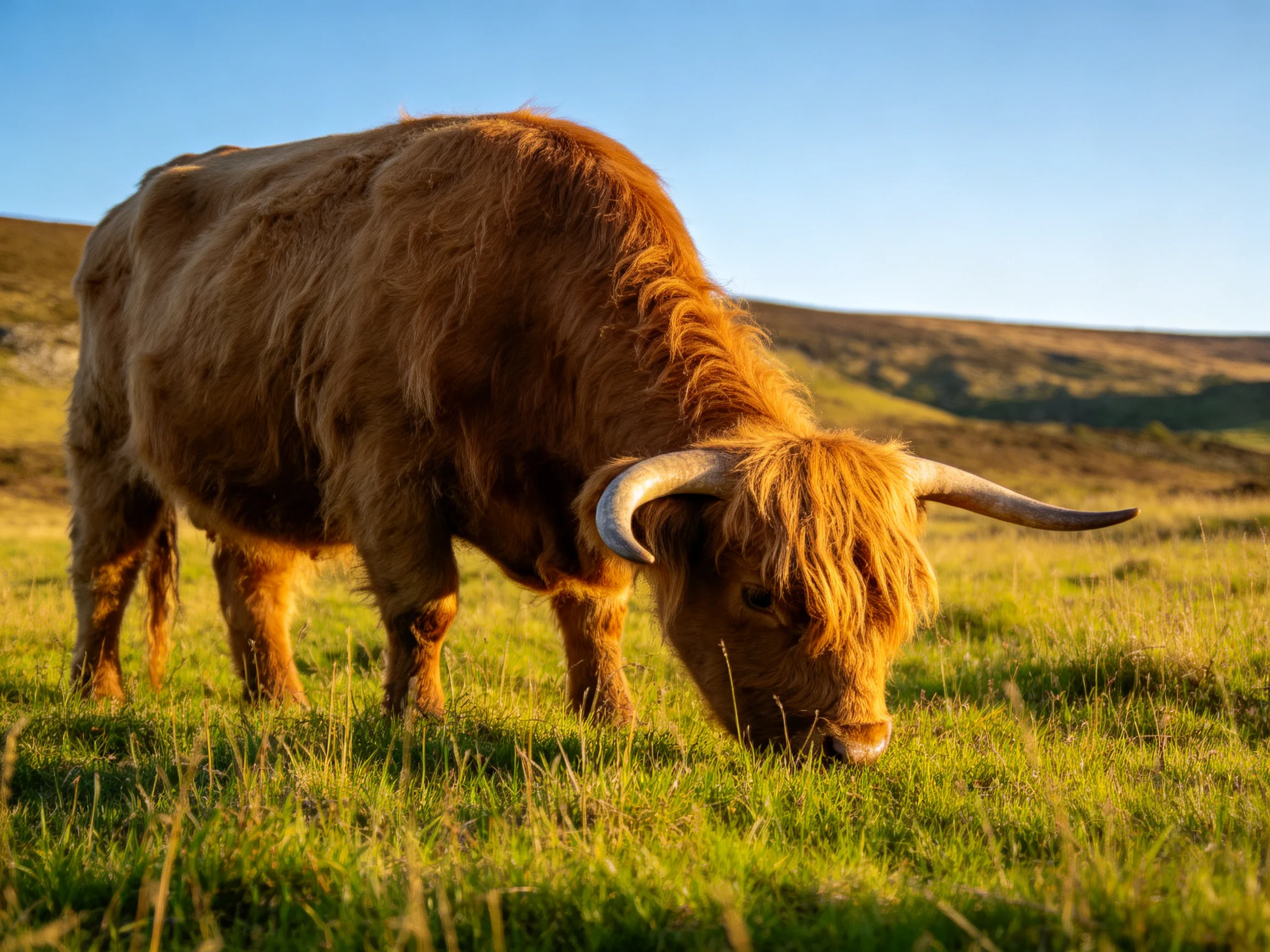 A shaggy brown Highland cow grazes in a sunlit green meadow