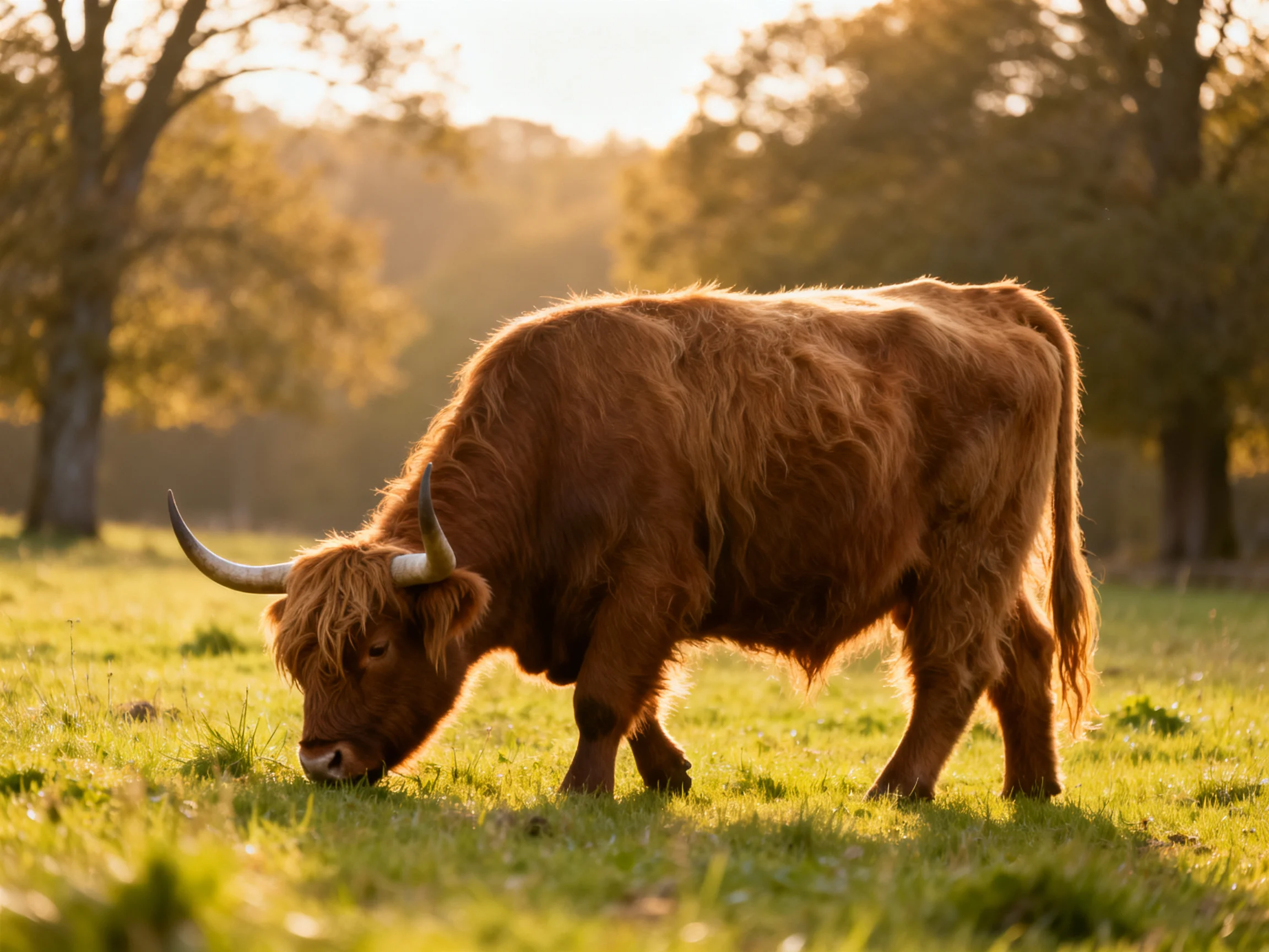 A shaggy brown Highland cow grazes in a sunlit green meadow