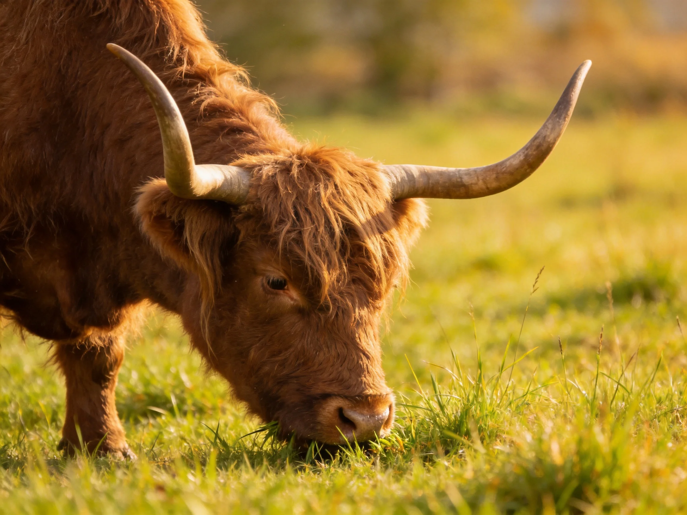 A shaggy brown Highland cow grazes in a sunlit green meadow