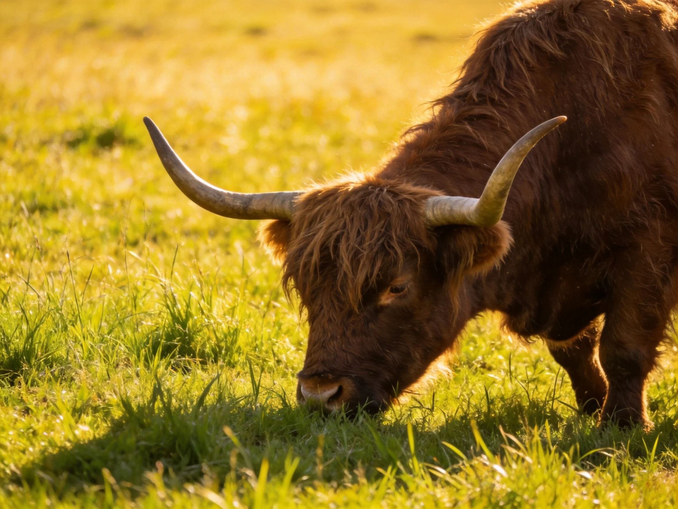 A shaggy brown Highland cow grazes in a sunlit green meadow
