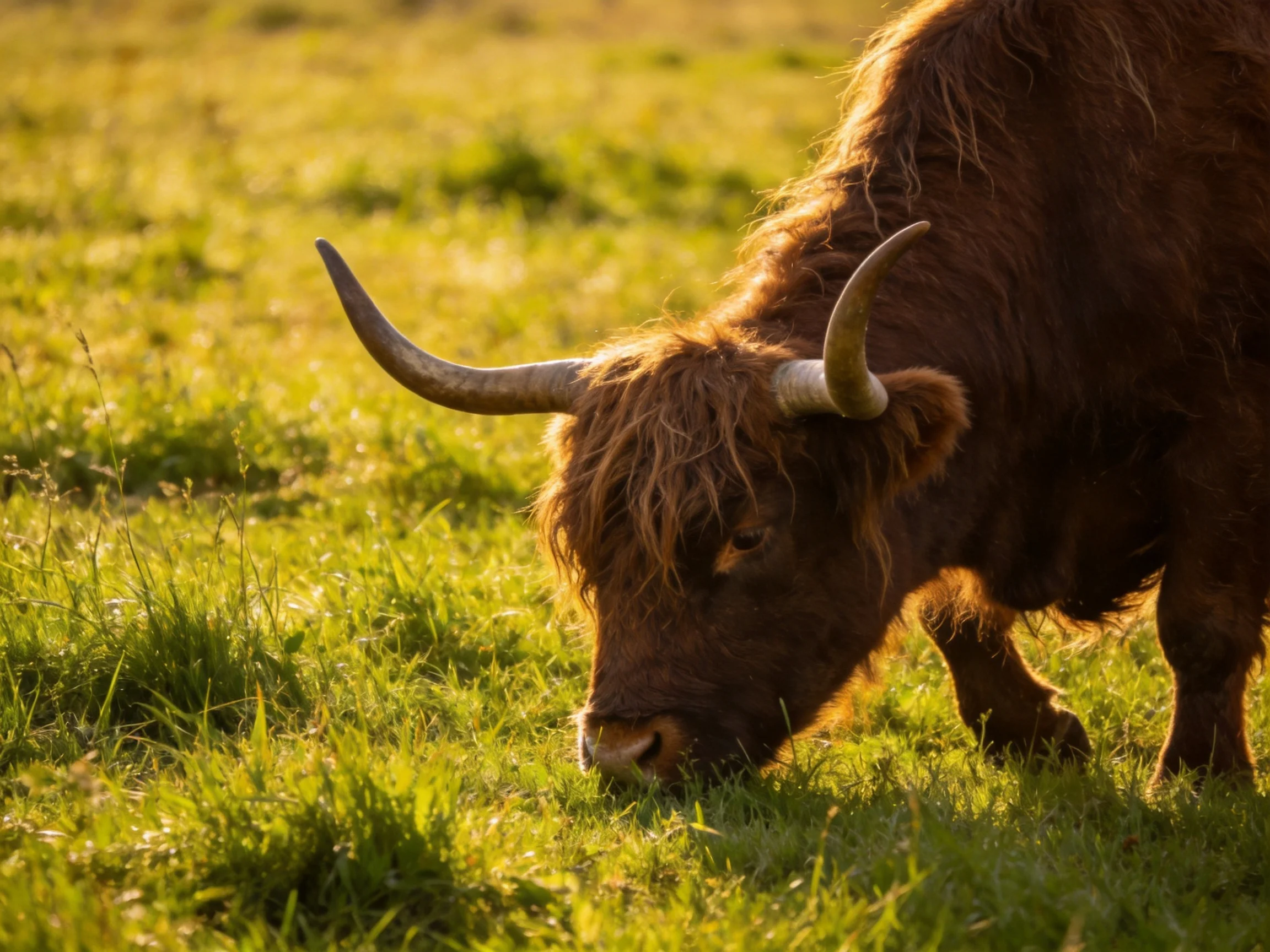 A shaggy brown Highland cow grazes in a sunlit green meadow