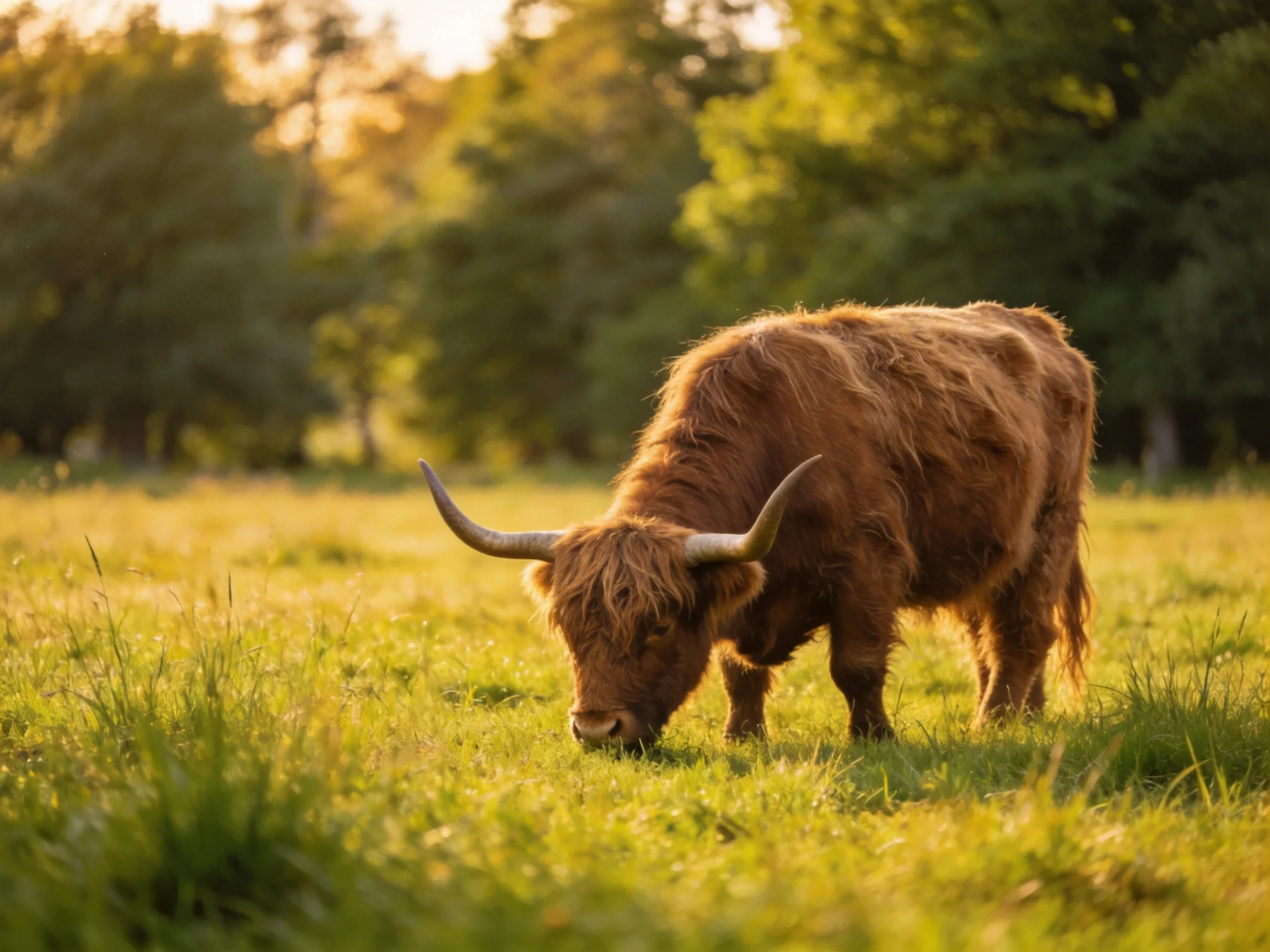 A shaggy brown Highland cow grazes in a sunlit green meadow