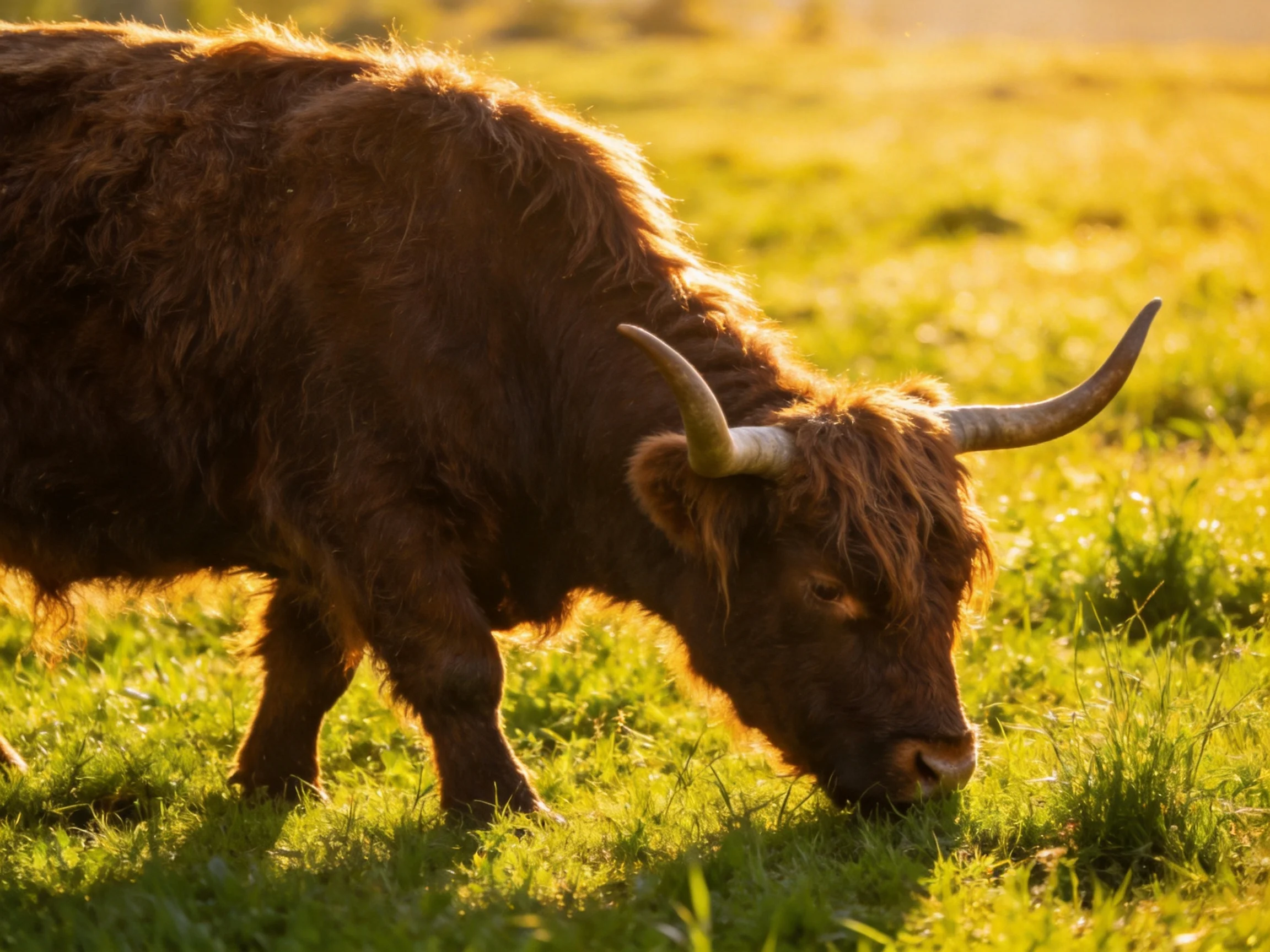 A shaggy brown Highland cow grazes in a sunlit green meadow