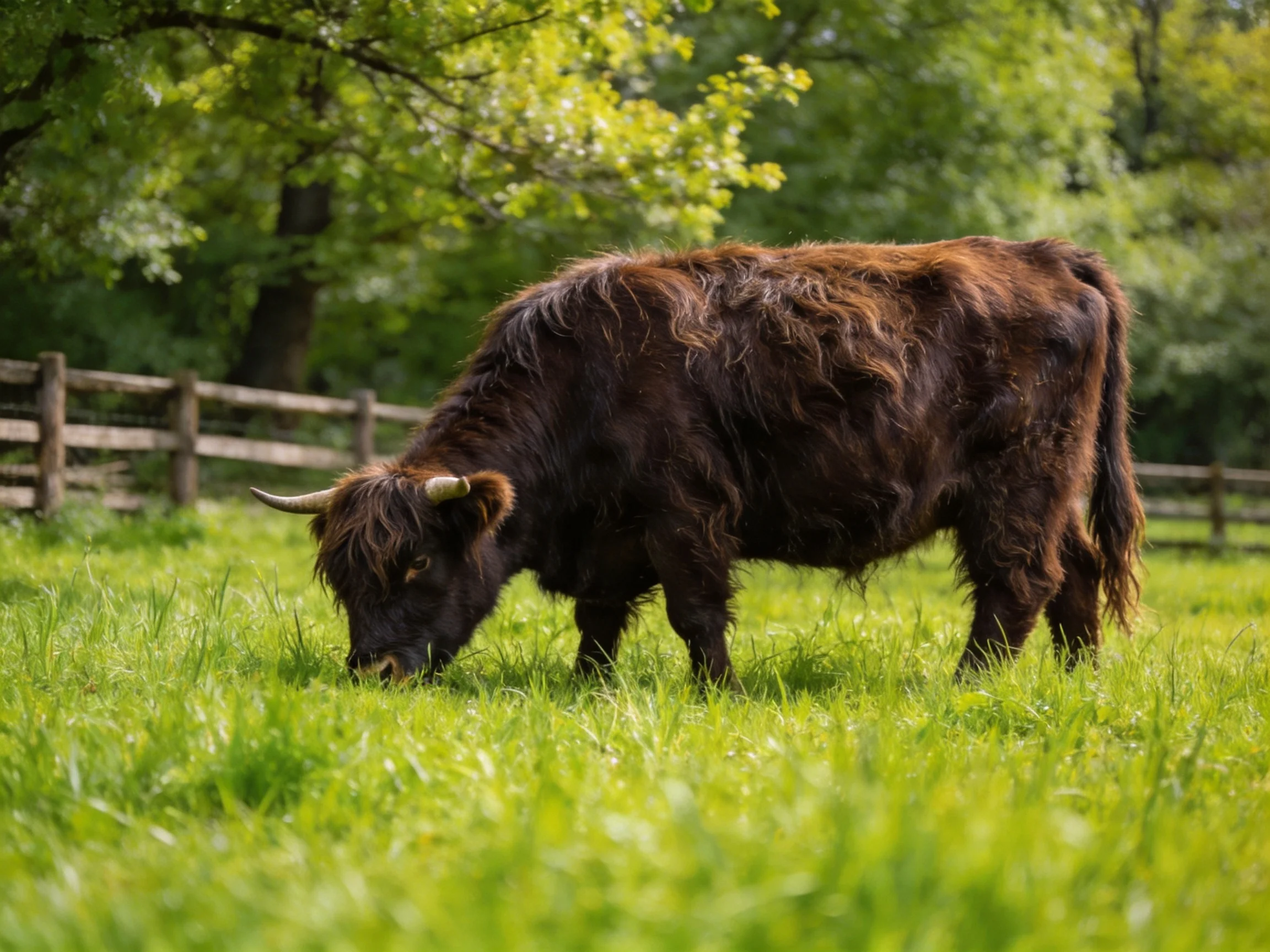A shaggy brown Highland cow grazes in a sunlit green pasture