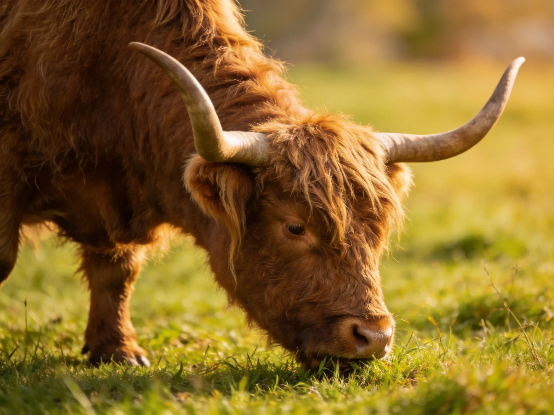 A shaggy brown Highland cow grazes in a sunlit green pasture