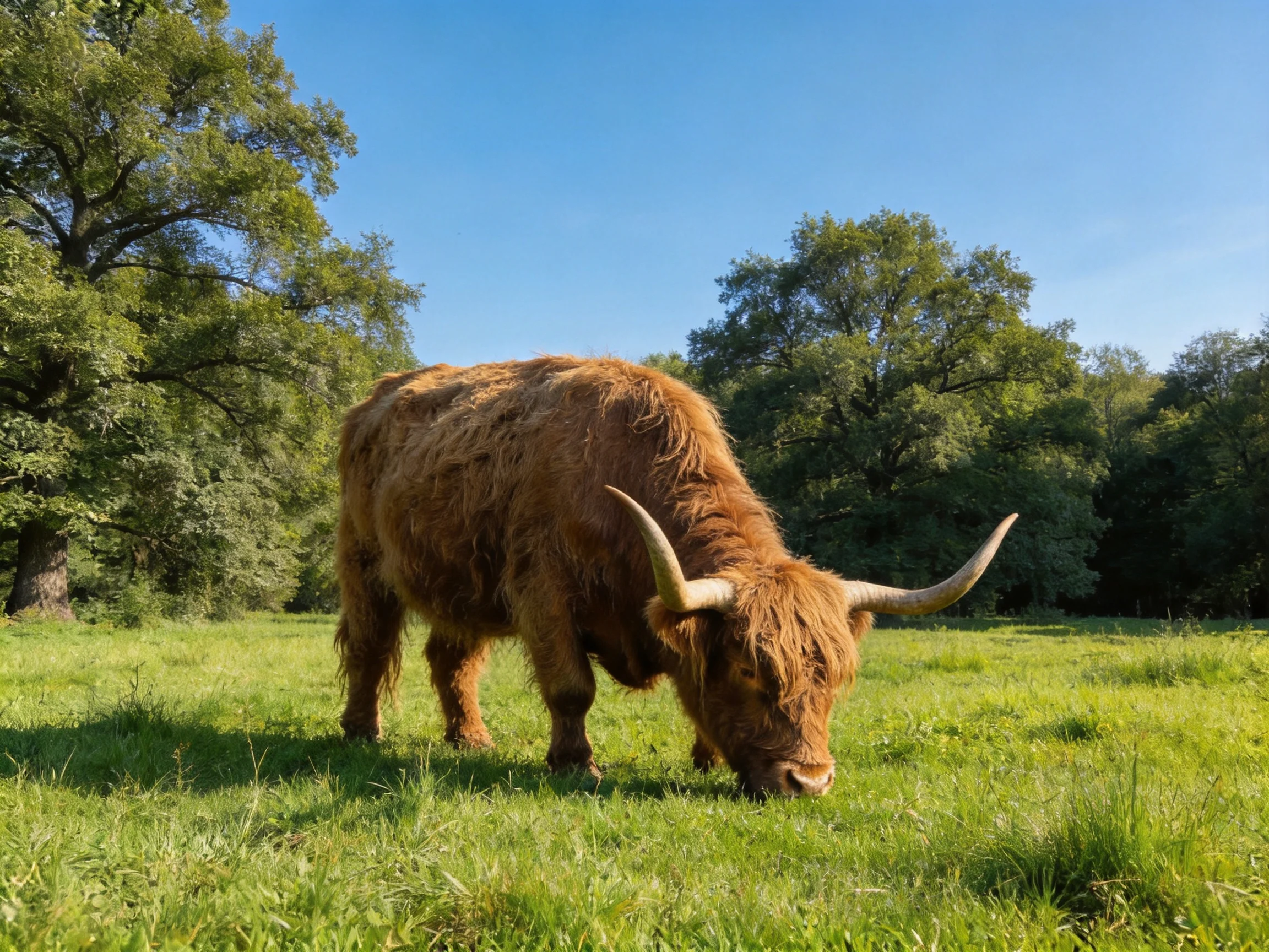 A shaggy brown Highland cow grazes in a sunlit meadow