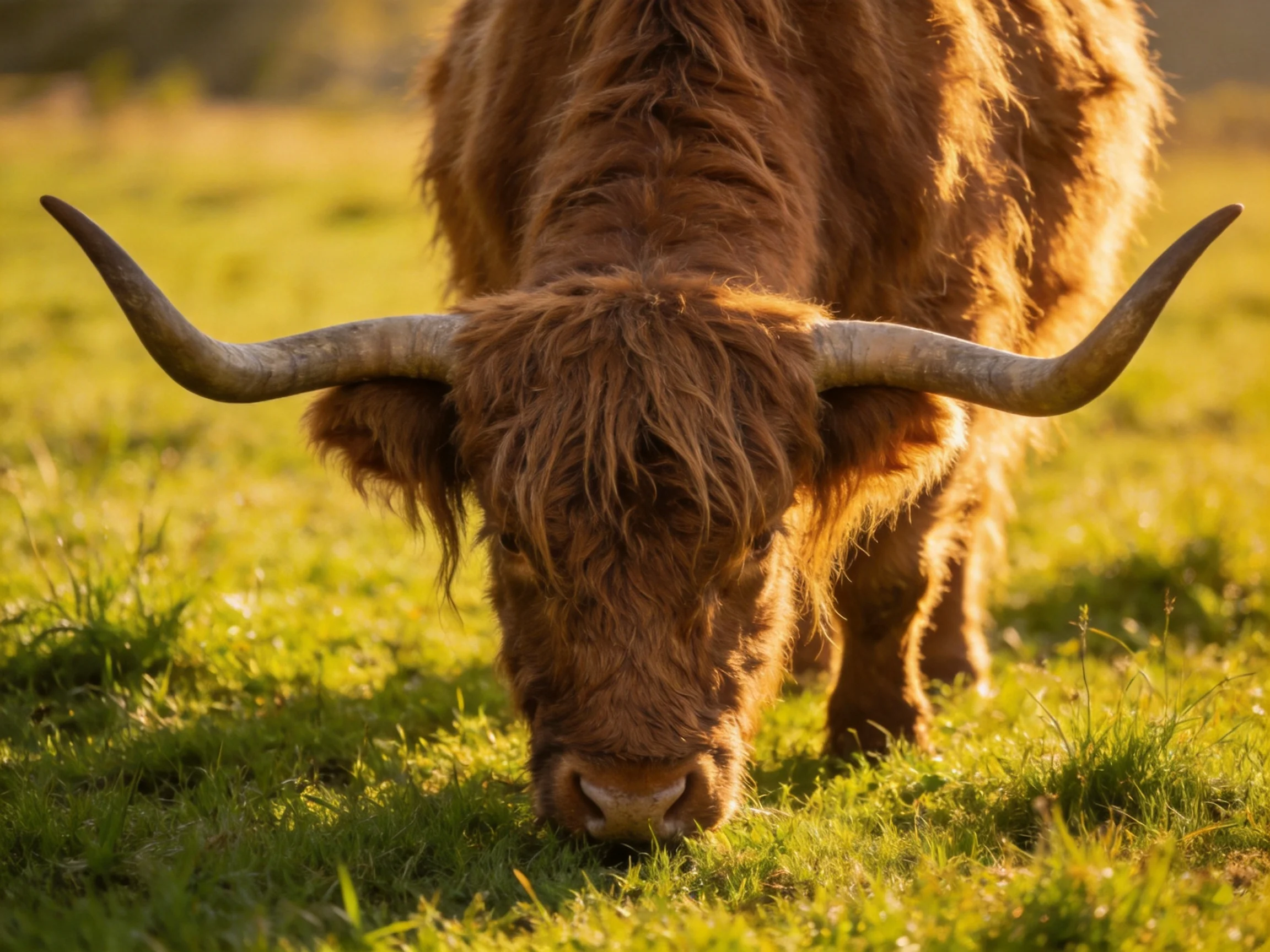A shaggy brown Highland cow grazes in a sunlit meadow
