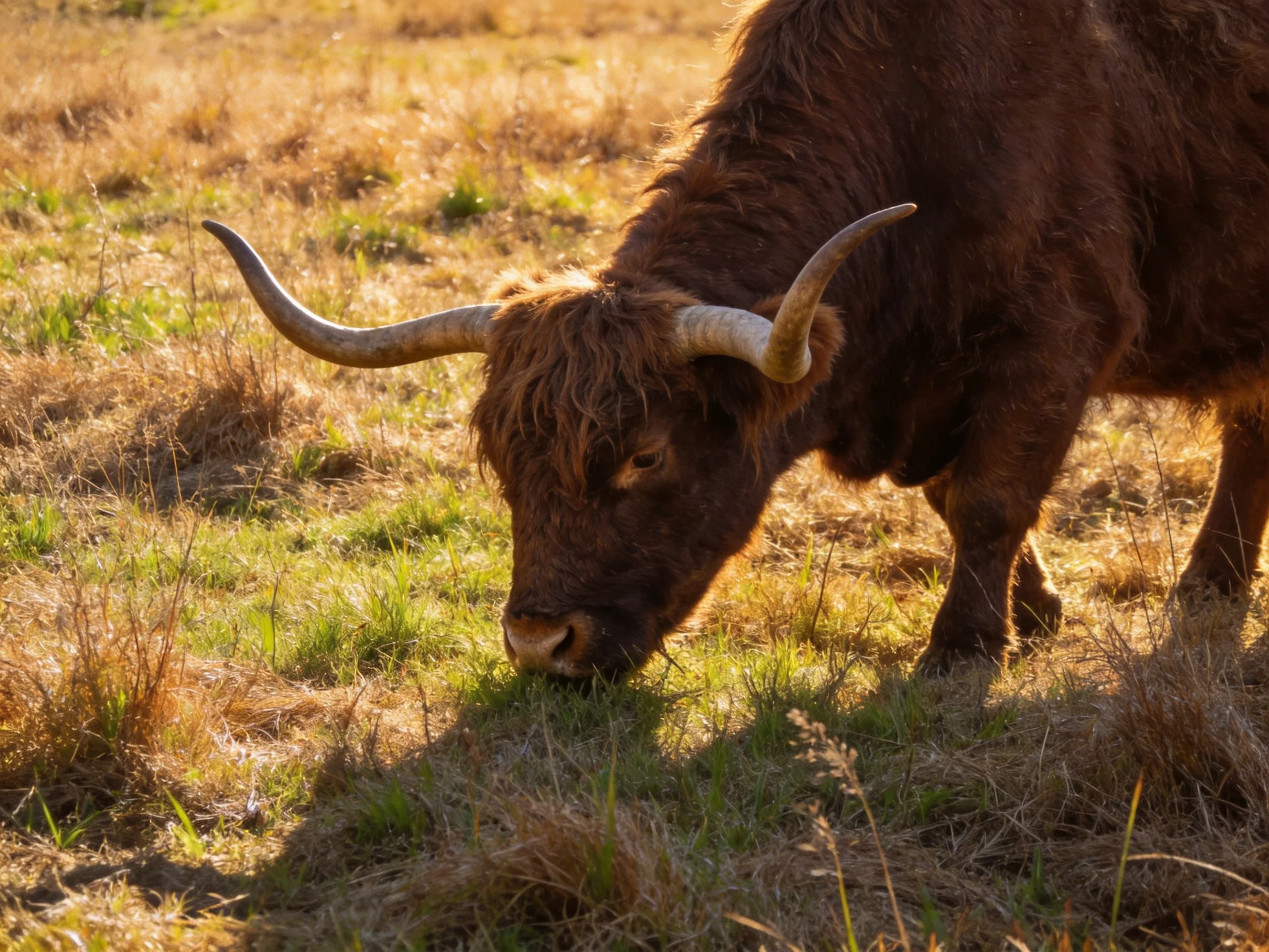A shaggy brown Highland cow grazes in a sunlit mixed-grass field