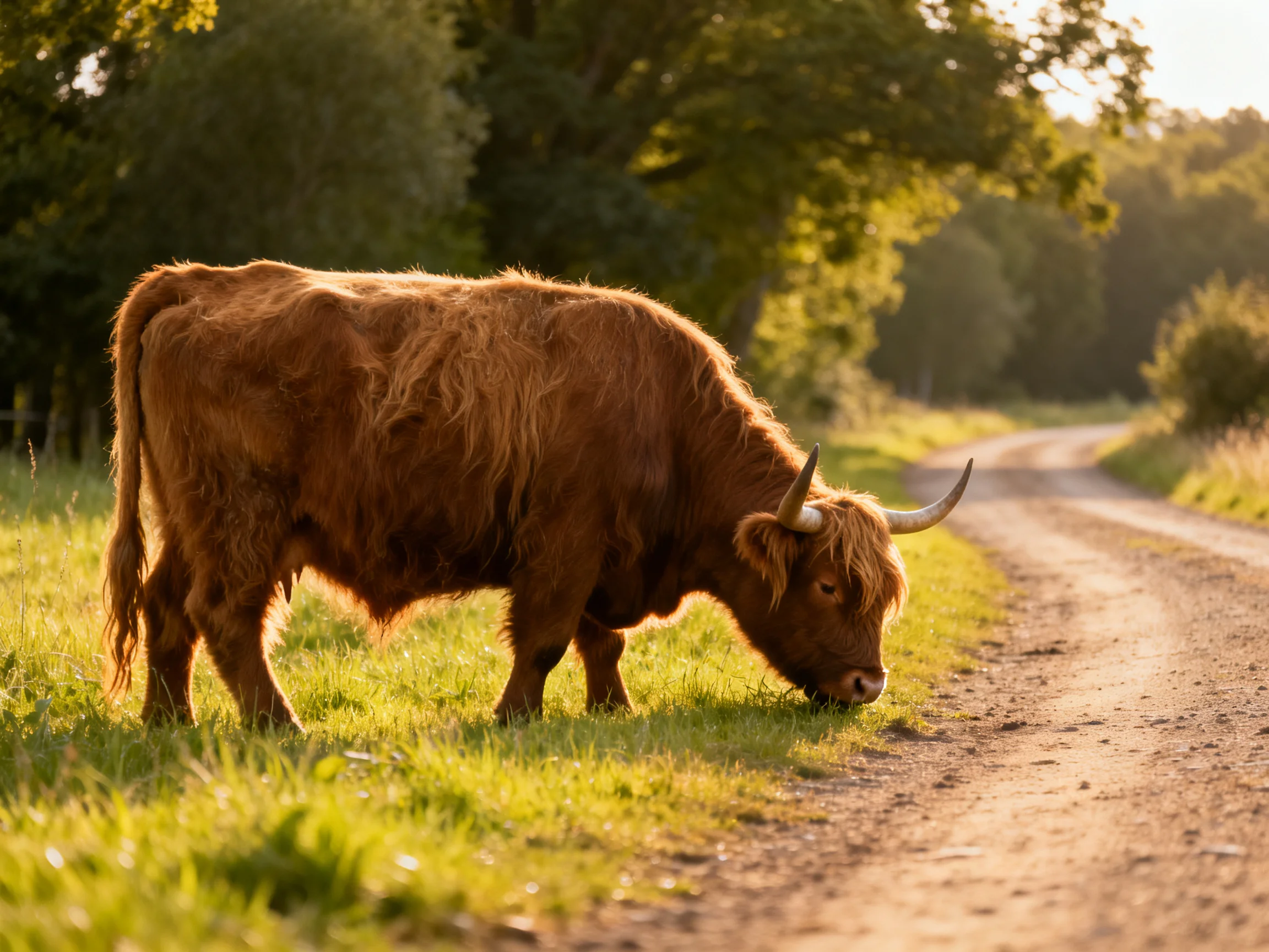 A shaggy brown Highland cow grazes near a sunlit dirt path