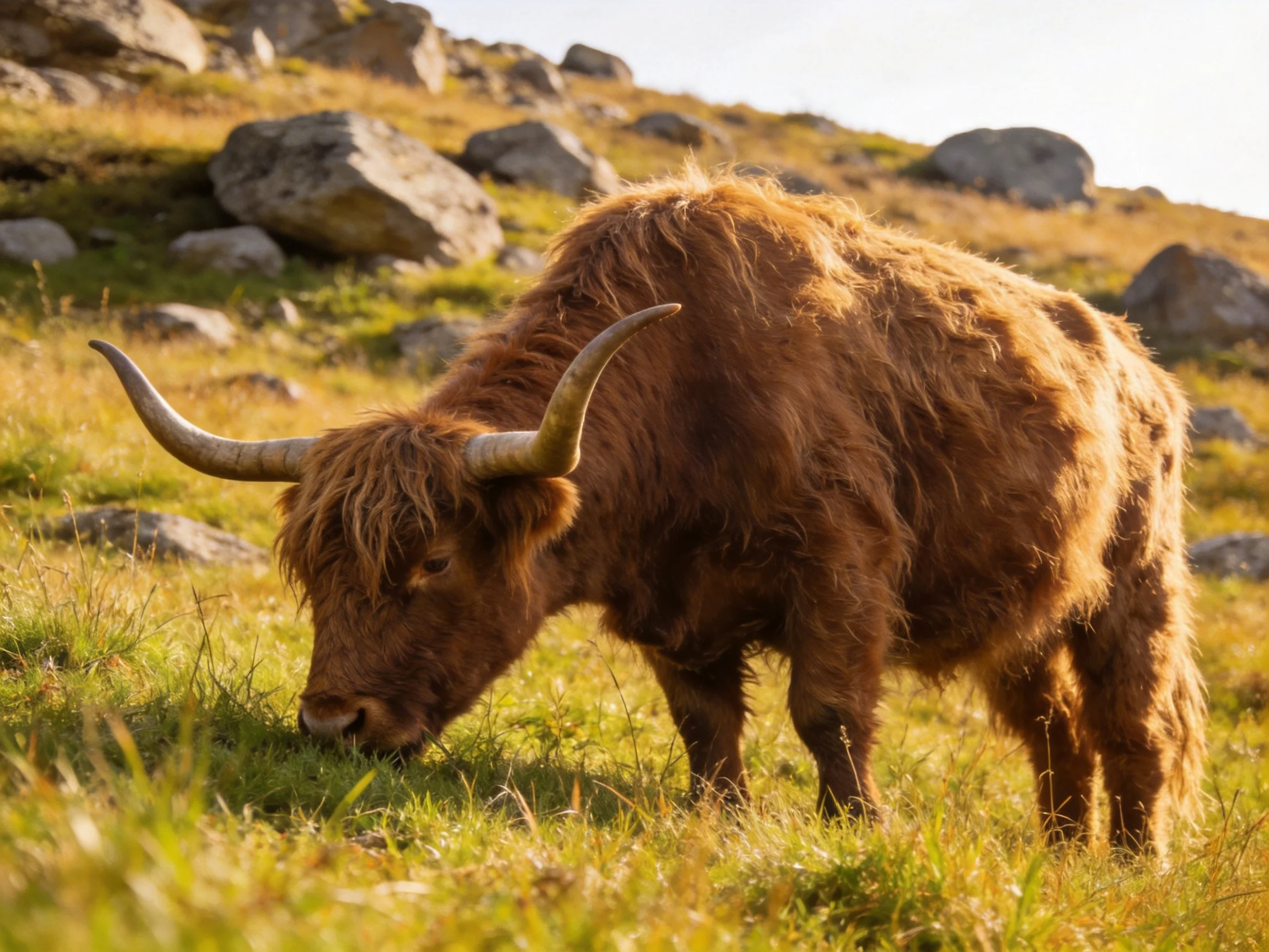 A shaggy brown Highland cow grazes near large rocks on a grassy hill