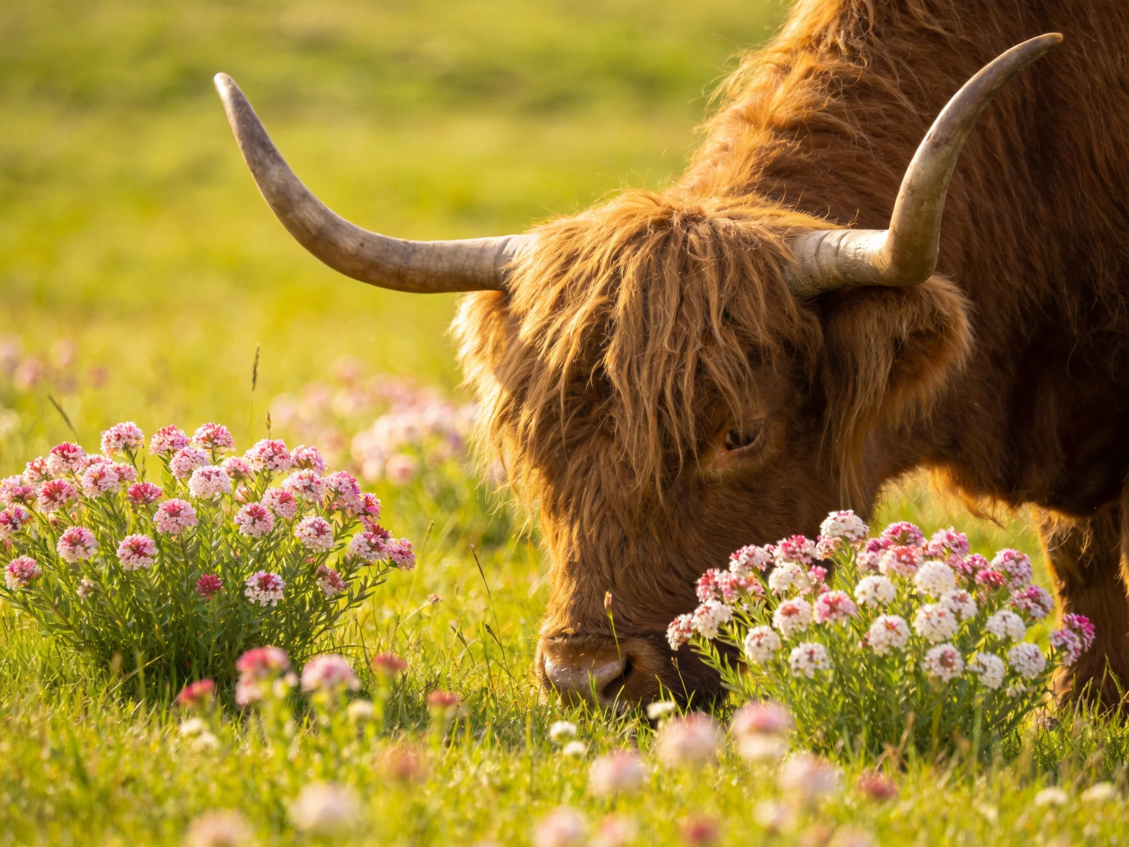 A shaggy brown Highland cow grazing amid pink and white wildflowers