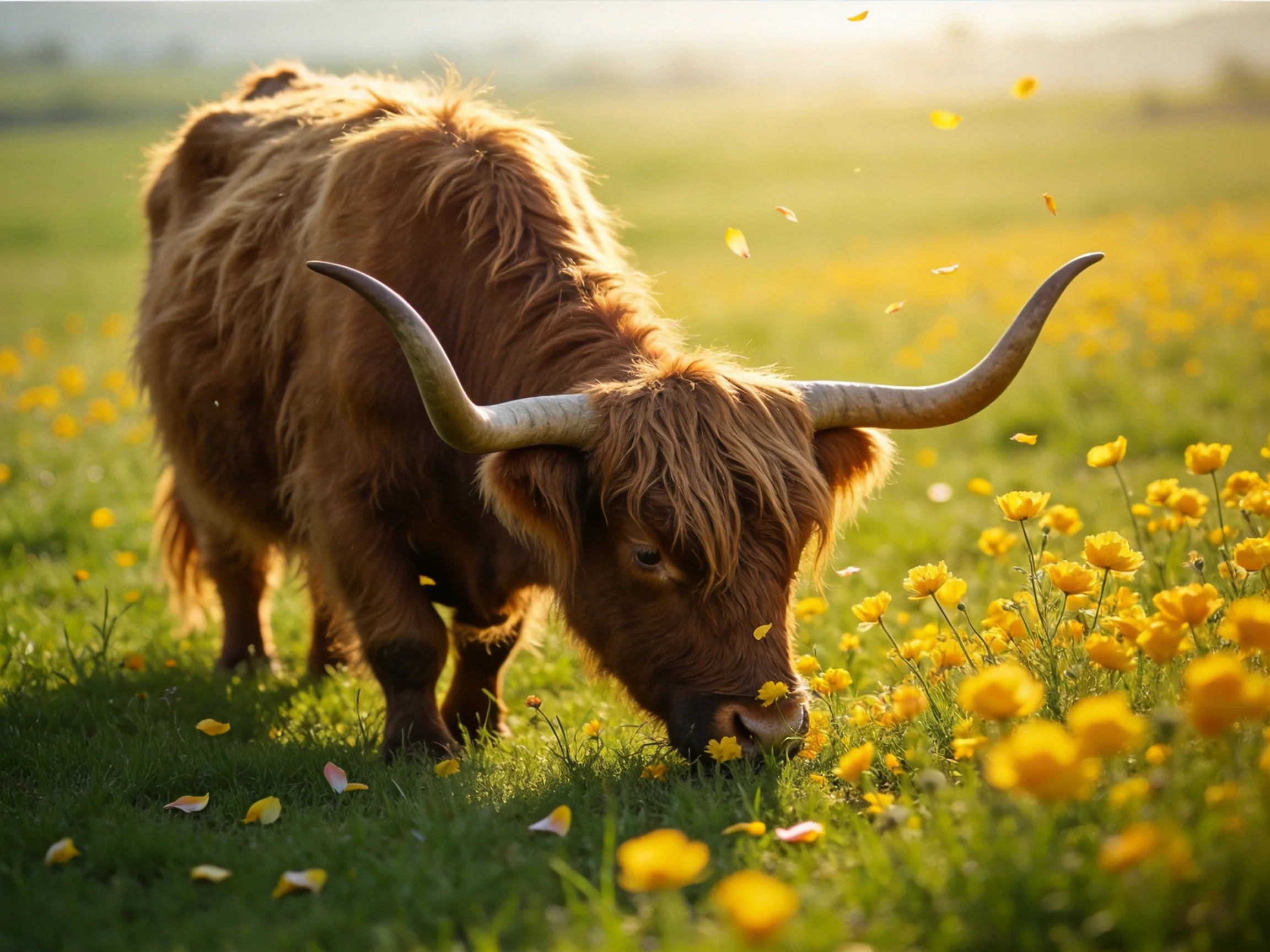 A shaggy brown Highland cow grazing among vibrant yellow wildflowers