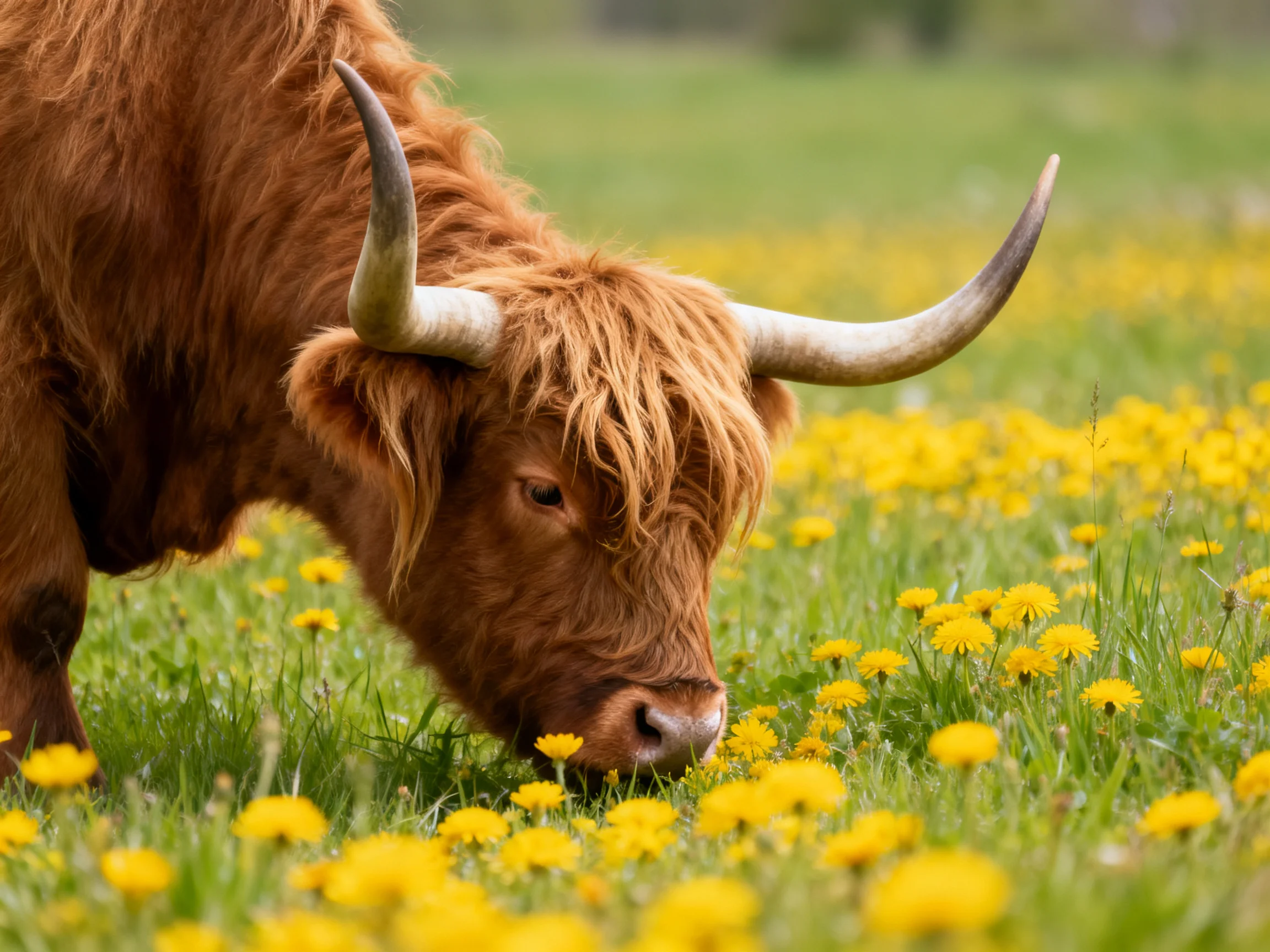 A shaggy brown Highland cow grazing among vibrant yellow wildflowers