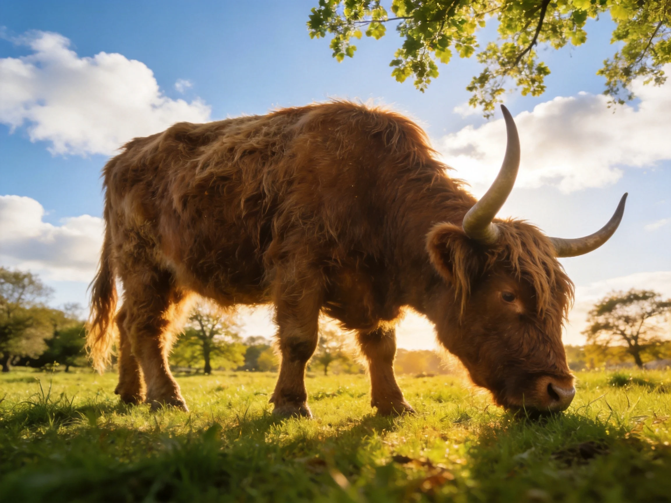 A shaggy brown Highland cow grazing in a sun-drenched meadow