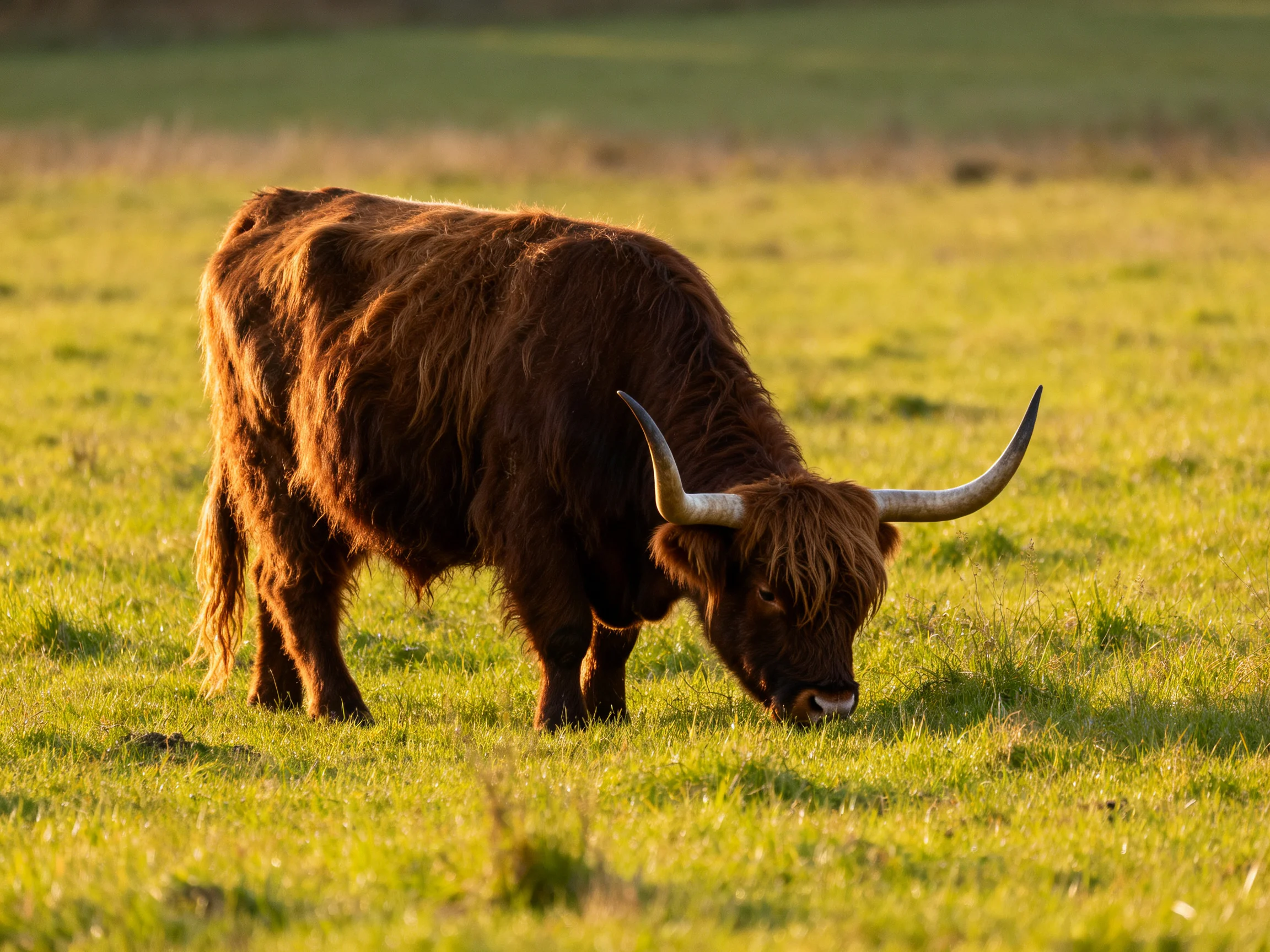 A shaggy brown Highland cow grazing in a sunlit green meadow