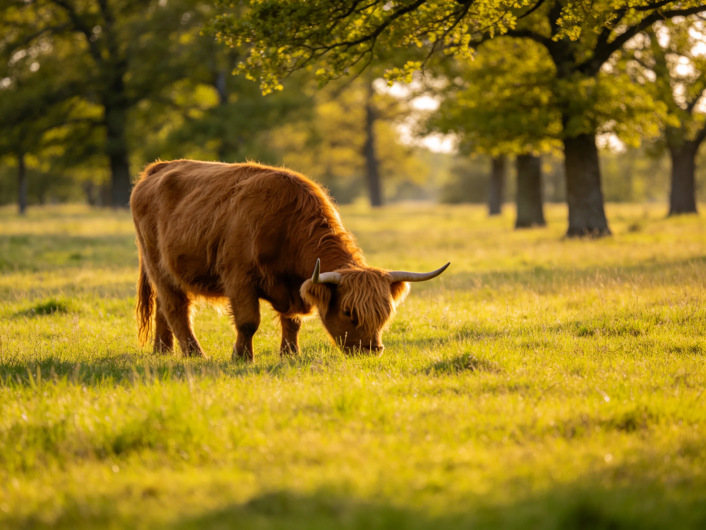A shaggy brown Highland cow grazing in a sunlit meadow with tall trees