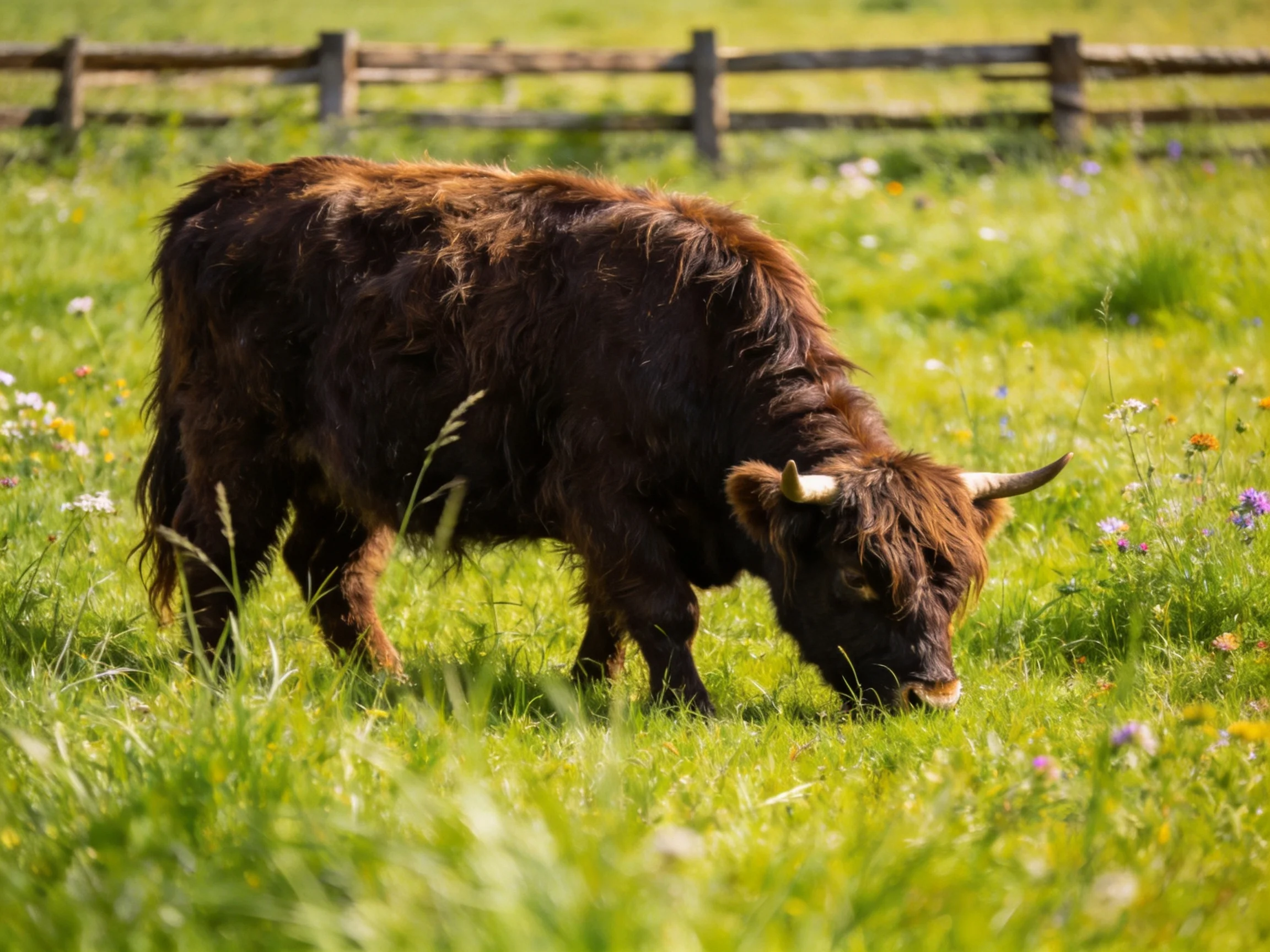 A shaggy brown Highland cow grazing in a vibrant green meadow