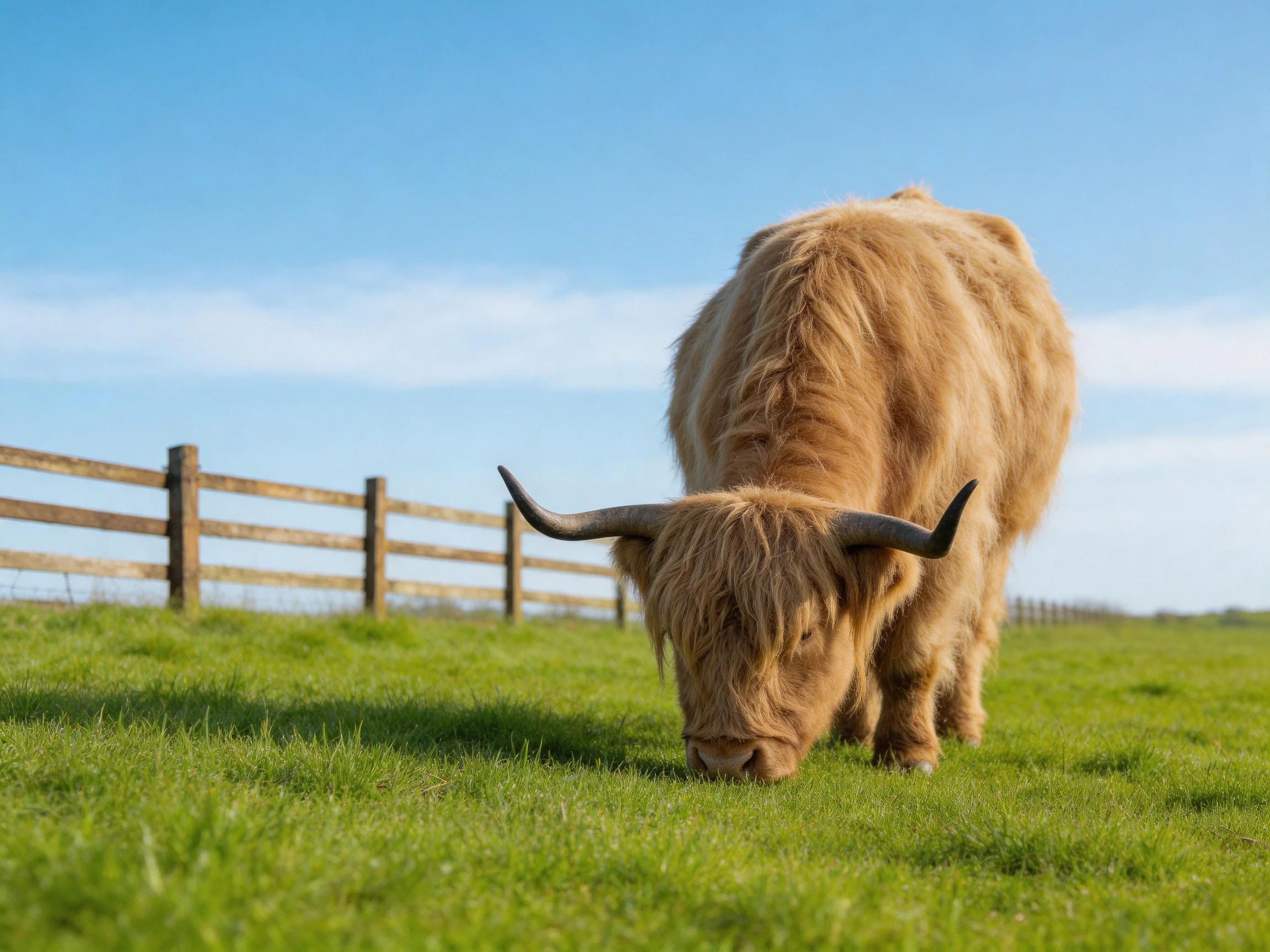 A shaggy brown Highland cow grazing near a wooden fence under clear blue skies