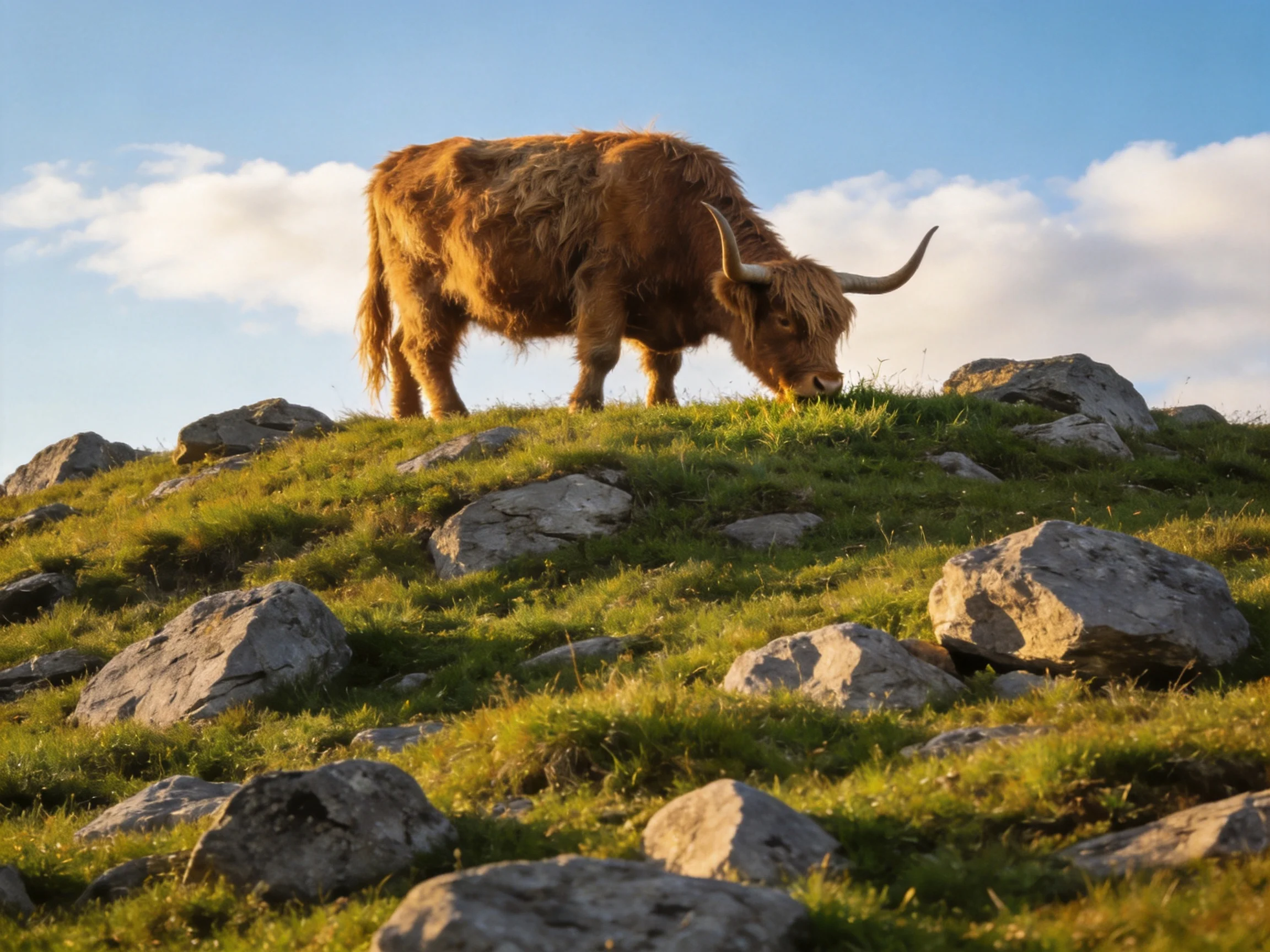 A shaggy brown Highland cow grazing on a rocky green hillside