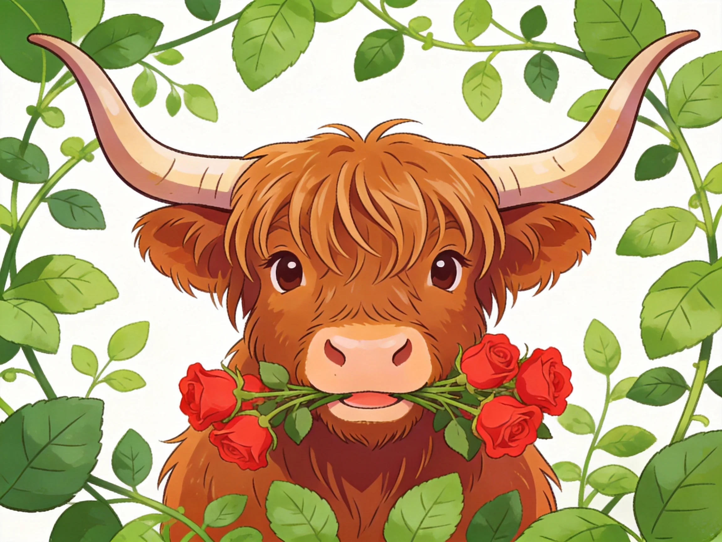 A shaggy brown Highland cow holding vibrant red roses among green foliage