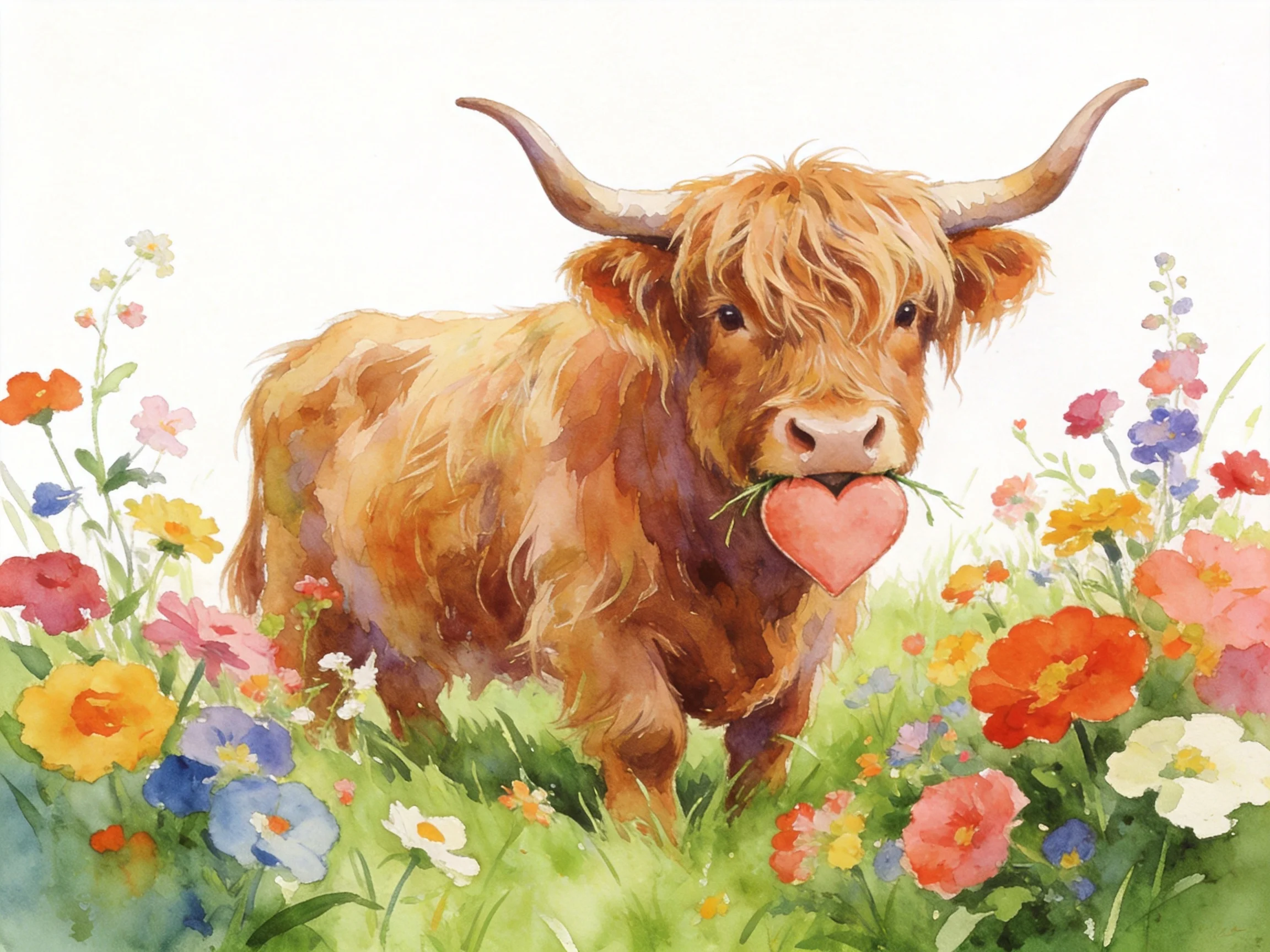 A shaggy brown Highland cow holds a pink heart among colorful wildflowers