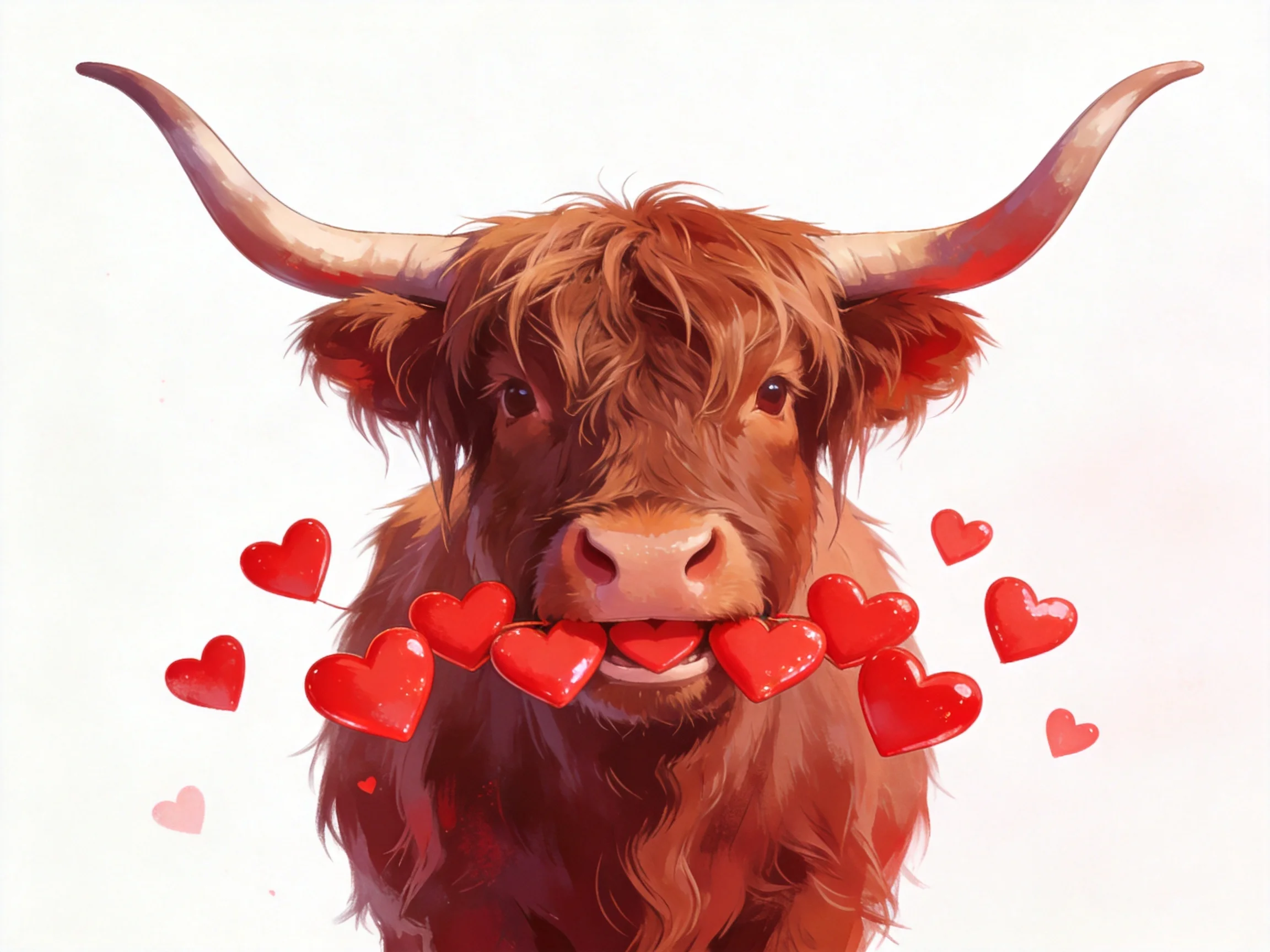 A shaggy brown Highland cow holds vibrant red heart shapes